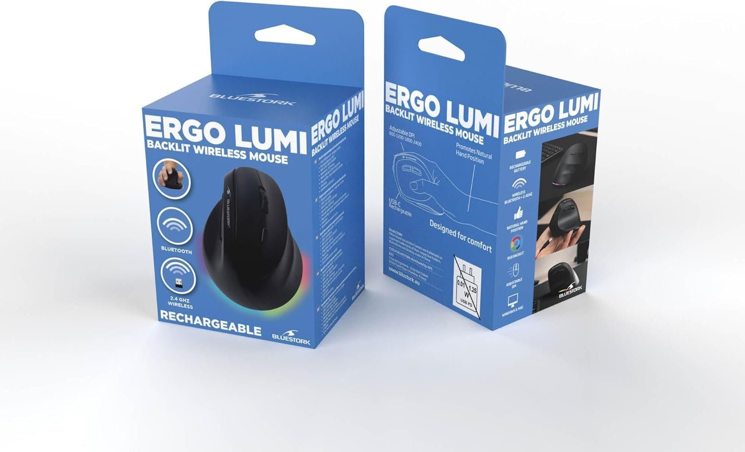 Мышь Bluestork Беспроводная вертикальная эргономичная 800-2400dpi 6 кнопок RGB Для левшей, фото №7