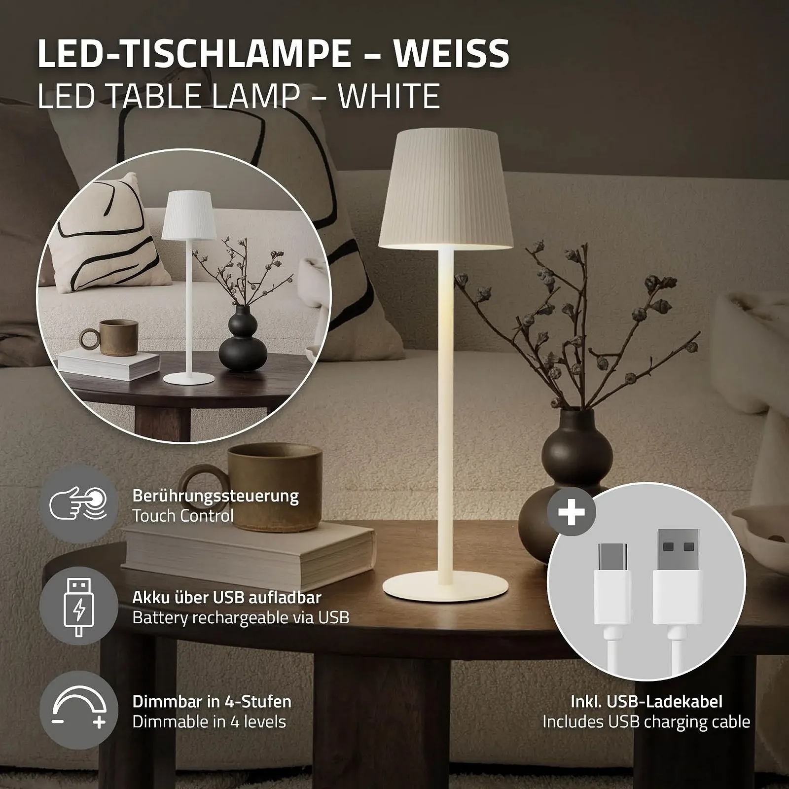 Настільна лампа ML-Design LED Бездротова Сенсорна 4 рівні яскравості USB-C Ø10x36 см Біла, фото №2