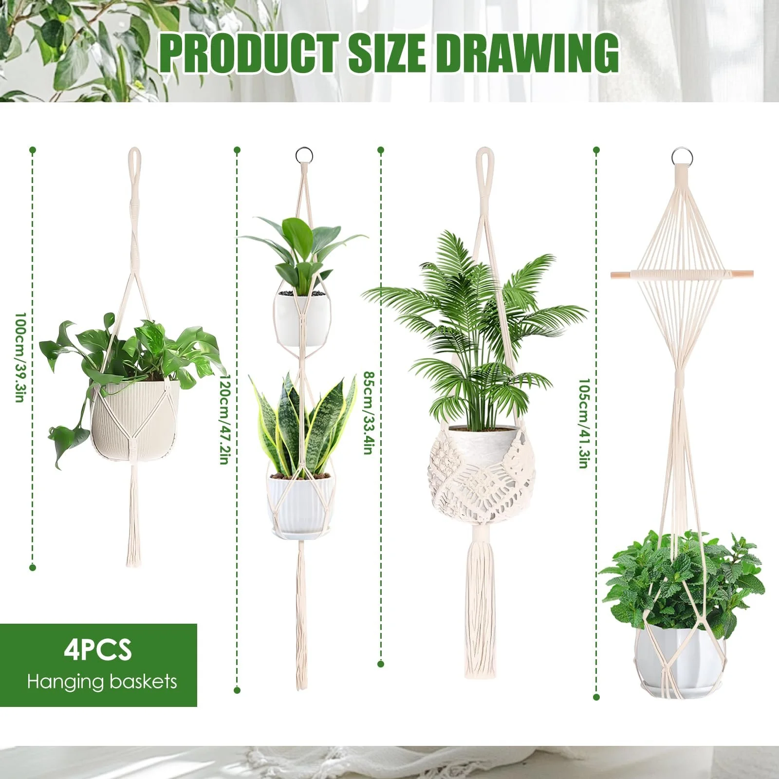 Подвесные кашпо AKONE макраме набор из 4 шт. декор бохо 85-140 см, фото №3