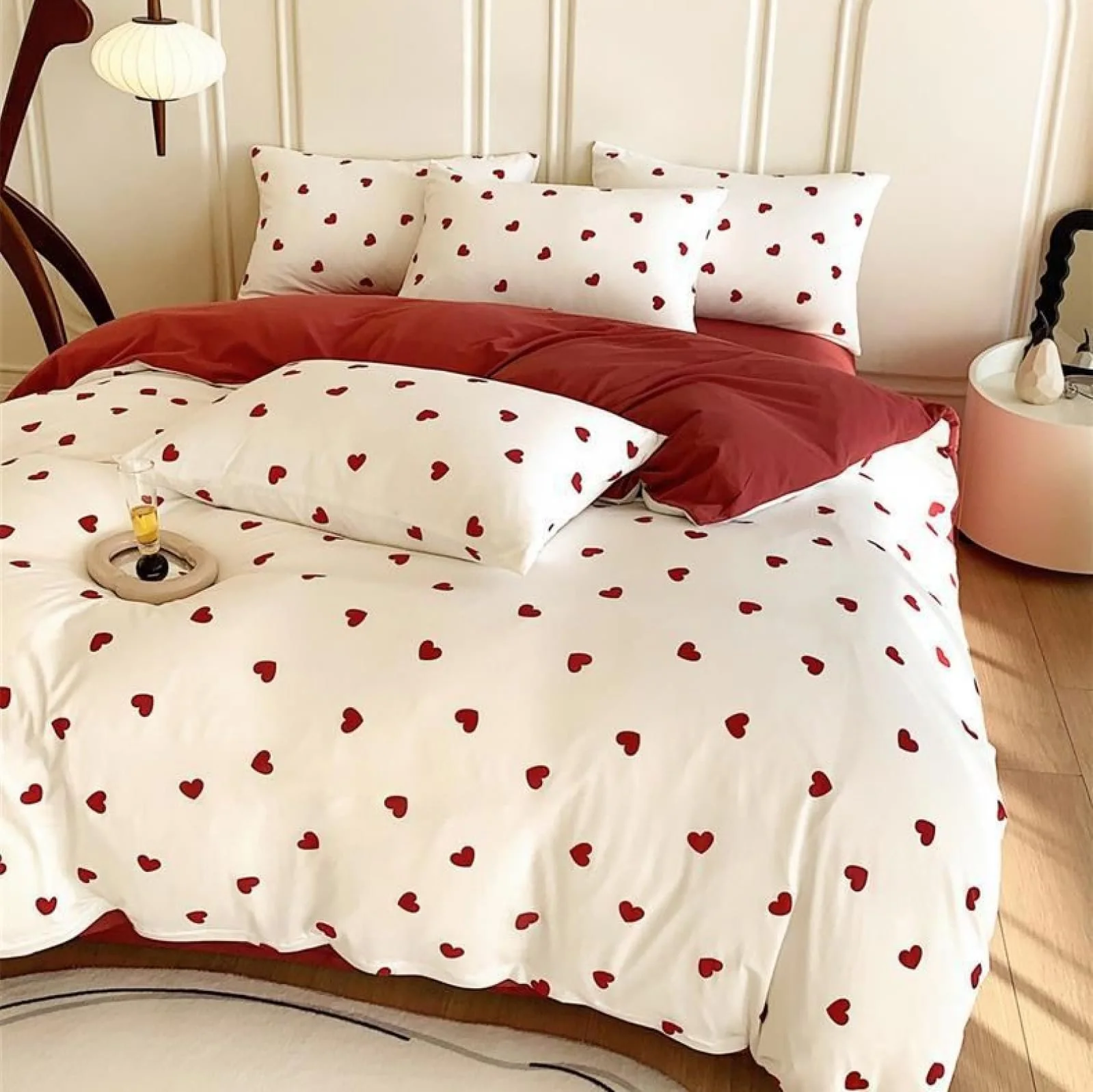 Комплект постельного белья Freyamy 220 x 240 см, 3 предмета, белые и красные сердца, фото №3