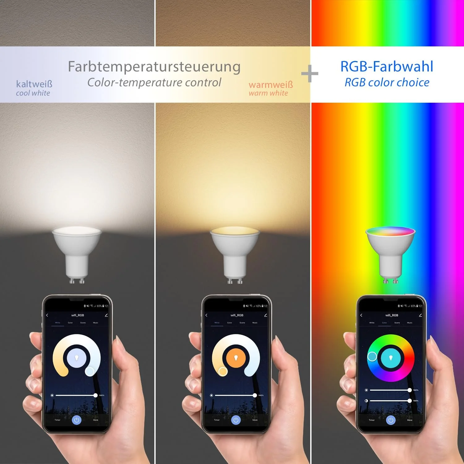 Настільна лампа ledscom.de Waika Гнучка ніжка Вимикач Чорна матова RGBW GU10 5.41 Вт 473 лм, фото №7