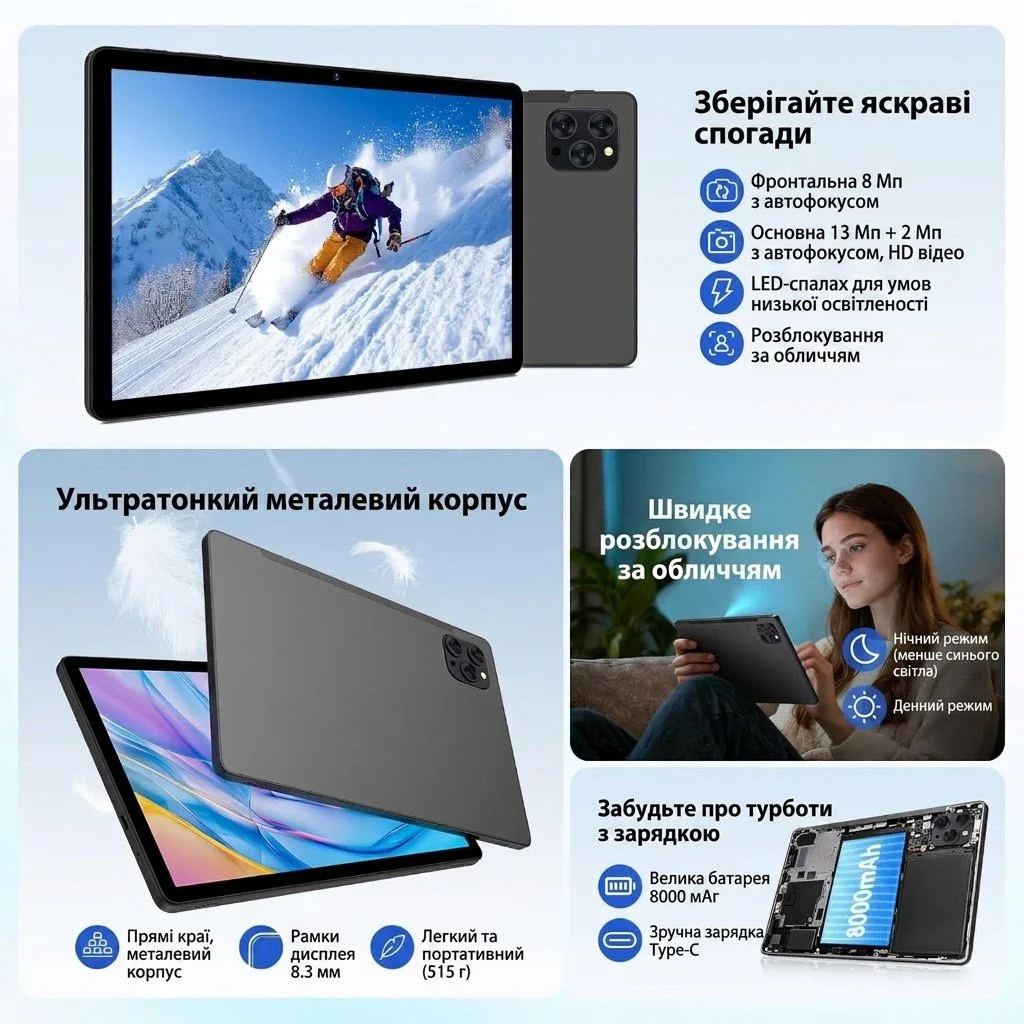 Планшет 11" Full HD FASTWD M186 12+24/256Gb 4G 2-SIM 8 ядер Android 15 8000 mAh Чорний, фото №3