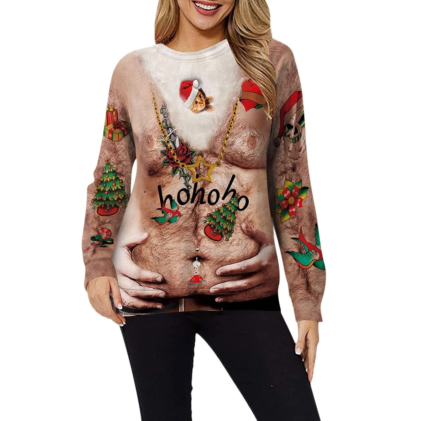 Рождественский свитшот Женский с длинными рукавами Толстовка с круглым вырезом 3D печать Рождественский свитшот Повседневный Свободный Лонгслив Свитер Топы Рождество, фото №1