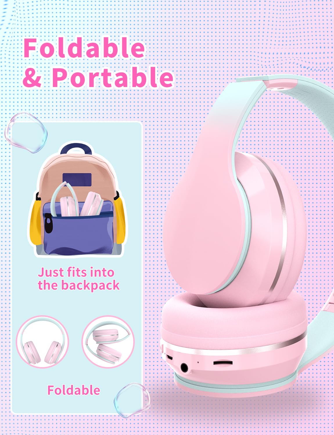Навушники Xunpuls Bluetooth Children's бездротові накладні регулювання гучності складні з мікрофоном, фото №7