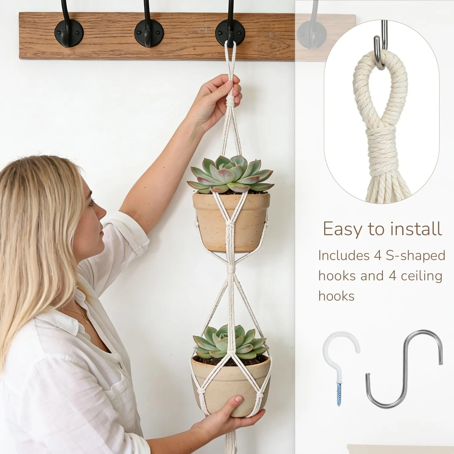 Підвісні кашпо макраме HUKUMA Набір 4 шт. бавовна з гачками та китицями, фото №4 Підвісні кашпо макраме HUKUMA Набір 4 шт. бавовна з гачками та китицями, фото №4