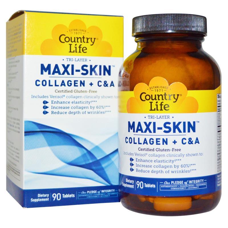 Коллаген Вітаміни С А Maxi-Skin Country Life 90 таблетки, фото №1