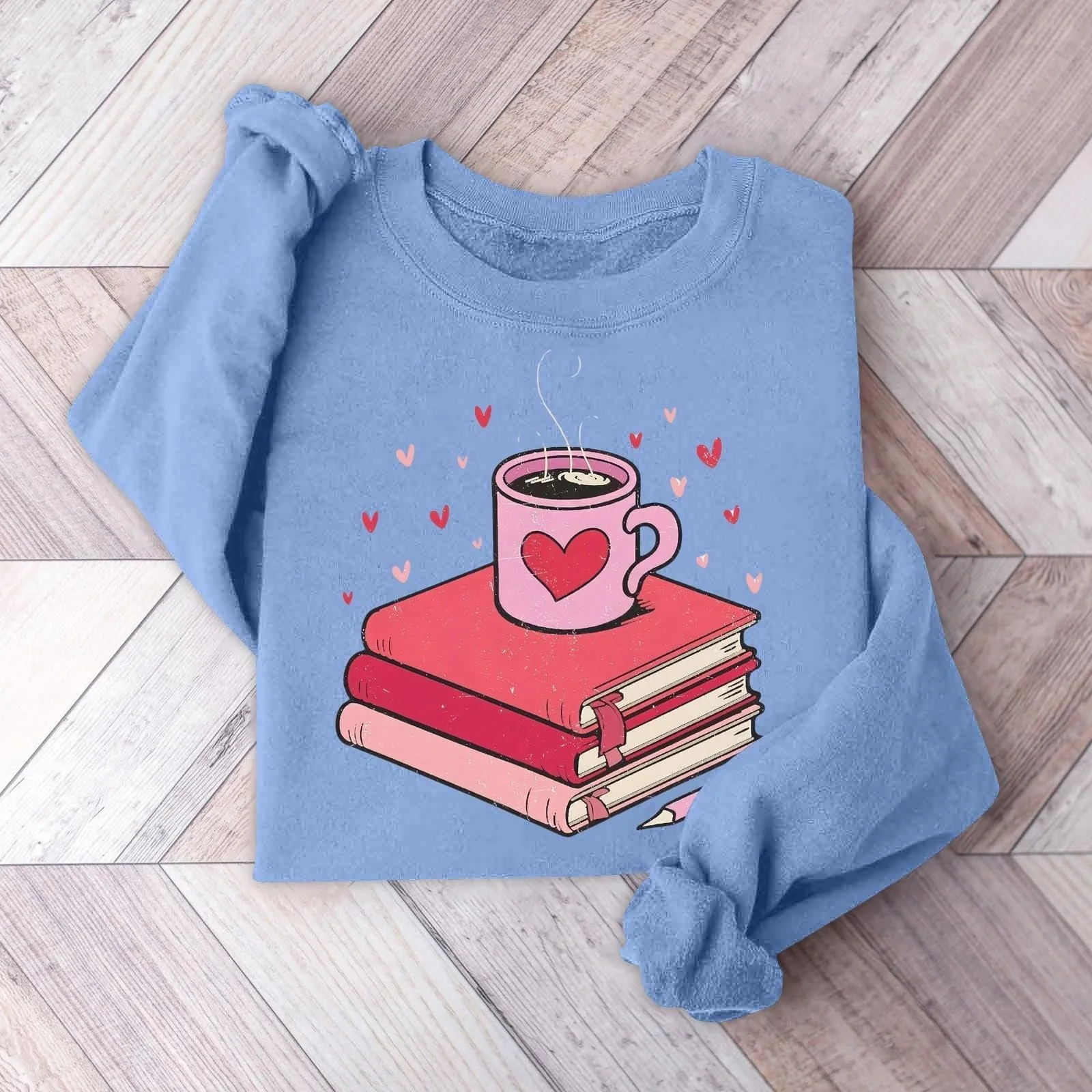 Женский свитер на День святого Валентина, свитшот, топ, женский пуловер, свитшот с круглым вырезом, узор сердца из книг, свитшот с длинными рукавами, повседневная одежда для студентов, без капюшона, фото №2