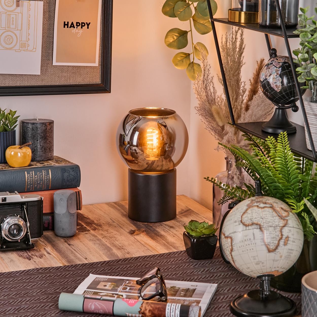 Настільна лампа HOFSTEIN Koyoto метал/скло Ø 15 см E27 Чорний/Хром/Димчастий, фото №7