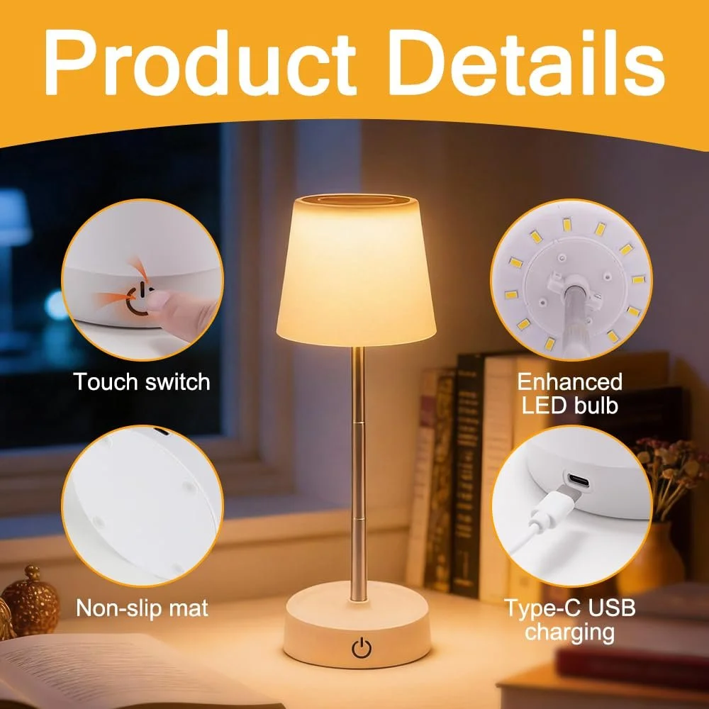 Настільні лампи LED набір 2 шт телескопічні регульовані за висотою бездротові акумуляторні USB сенсорні з димуванням, фото №3