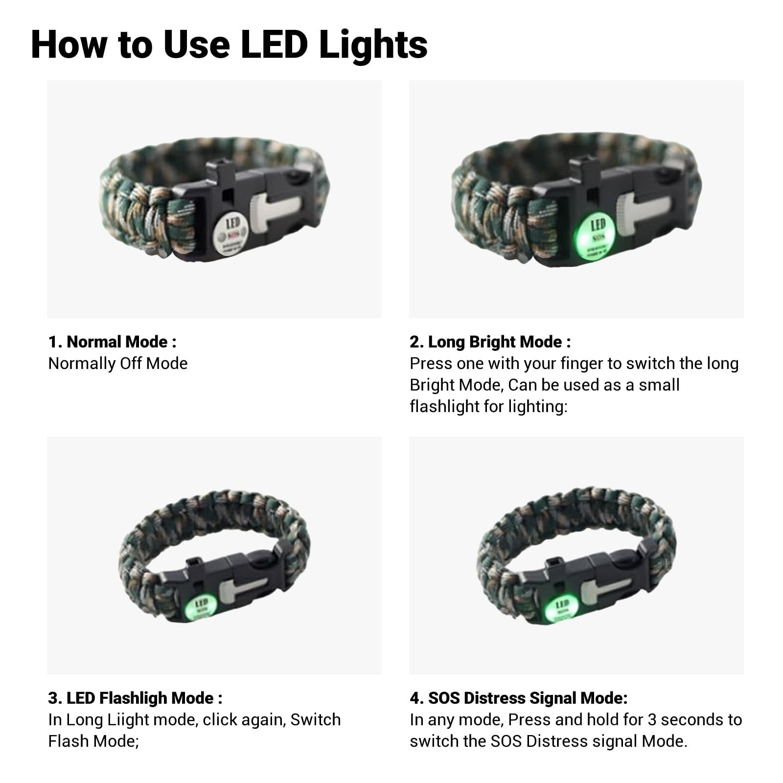 Браслет виживання LED Licht SOS з компасом, свистком, кресалом, ножем - для кемпінгу, походів, виживання для чоловіків та жінок, фото №5