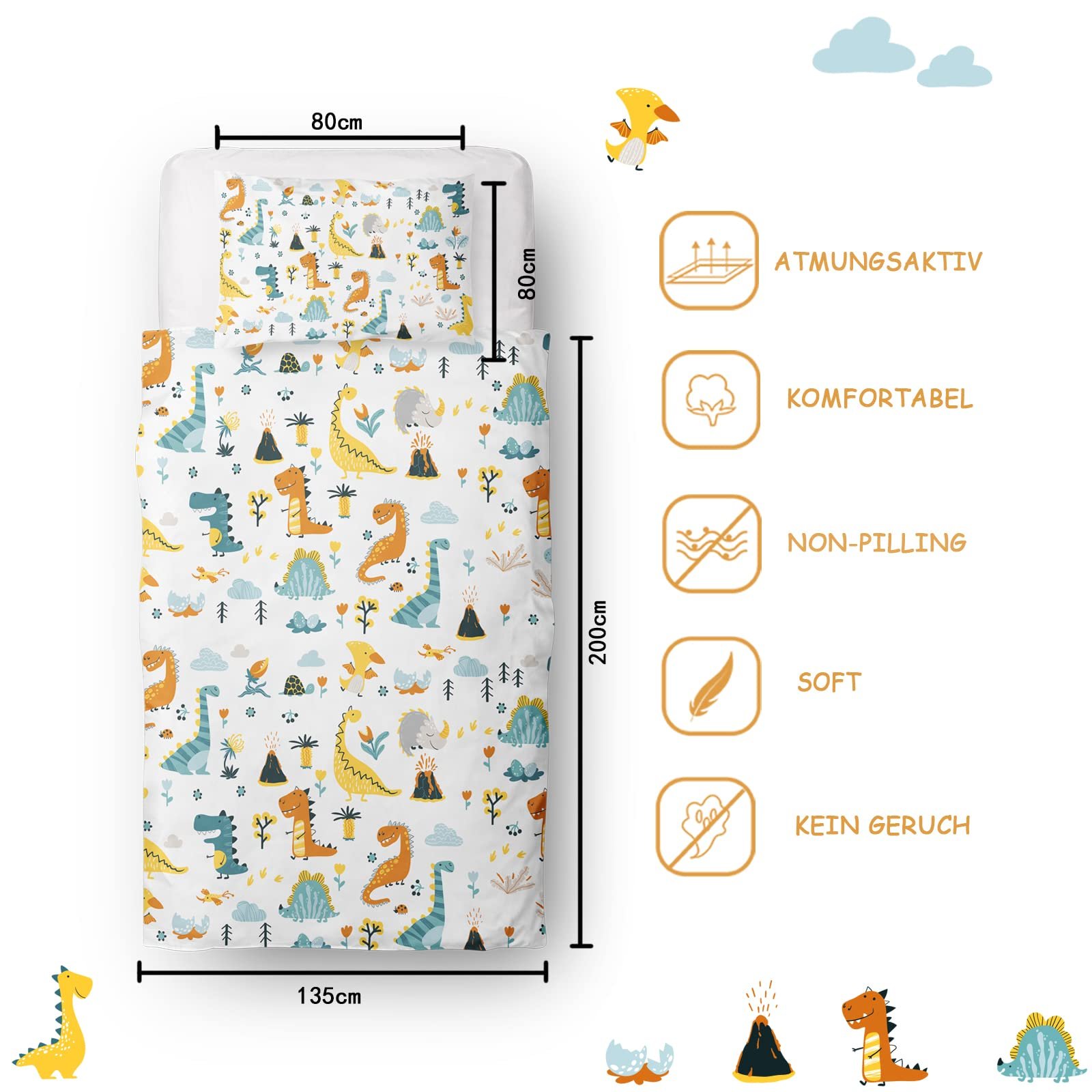 Постельное Белье Детское Dino, Мягкая Микрофибра, Дышащее, 2 Предмета, Динозавр, 135 x 200 см + 1 Наволочка 80 x 80 см, фото №4