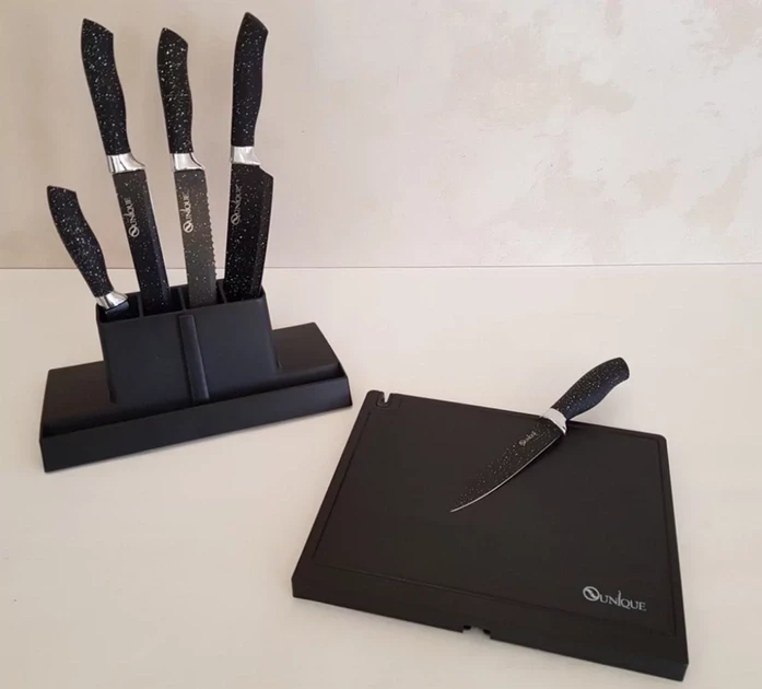Набір кухонних ножів з нержавіючої сталі з магнітною підставкою UNIQUE UN-1841-KS 6 предметів точілка Чорна, фото №2 Набір кухонних ножів з нержавіючої сталі з магнітною підставкою UNIQUE UN-1841-KS 6 предметів точілка Чорна, фото №2