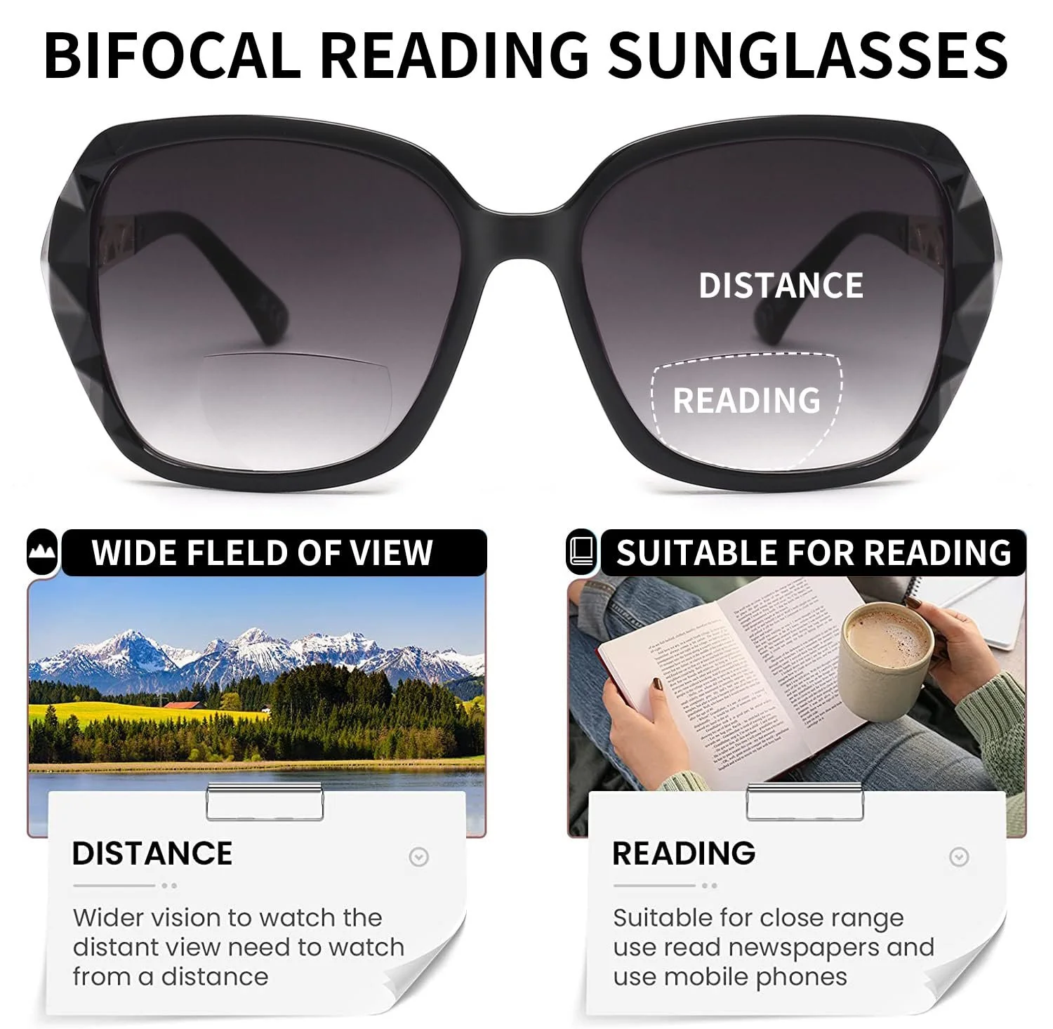 Сонцезахисні окуляри для читання JM Bifocal, великі лінзи для читання від сонця для жінок із захистом від ультрафіолету для використання на вулиці, фото №3 Сонцезахисні окуляри для читання JM Bifocal, великі лінзи для читання від сонця для жінок із захистом від ультрафіолету для використання на вулиці, фото №3