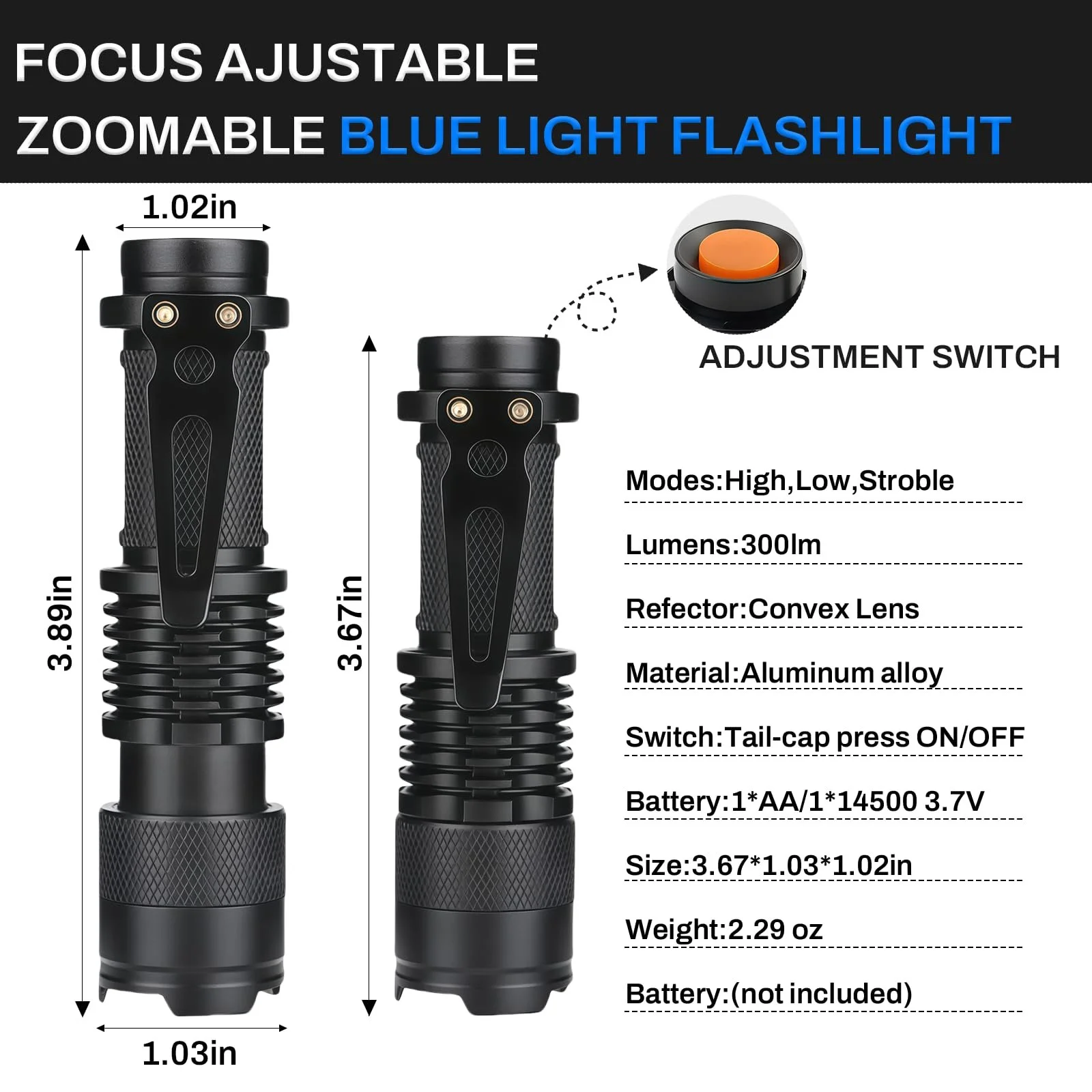 Ліхтарик Міні LED Blue Light 3 режими Zoomable з кліпсою Синій, фото №6