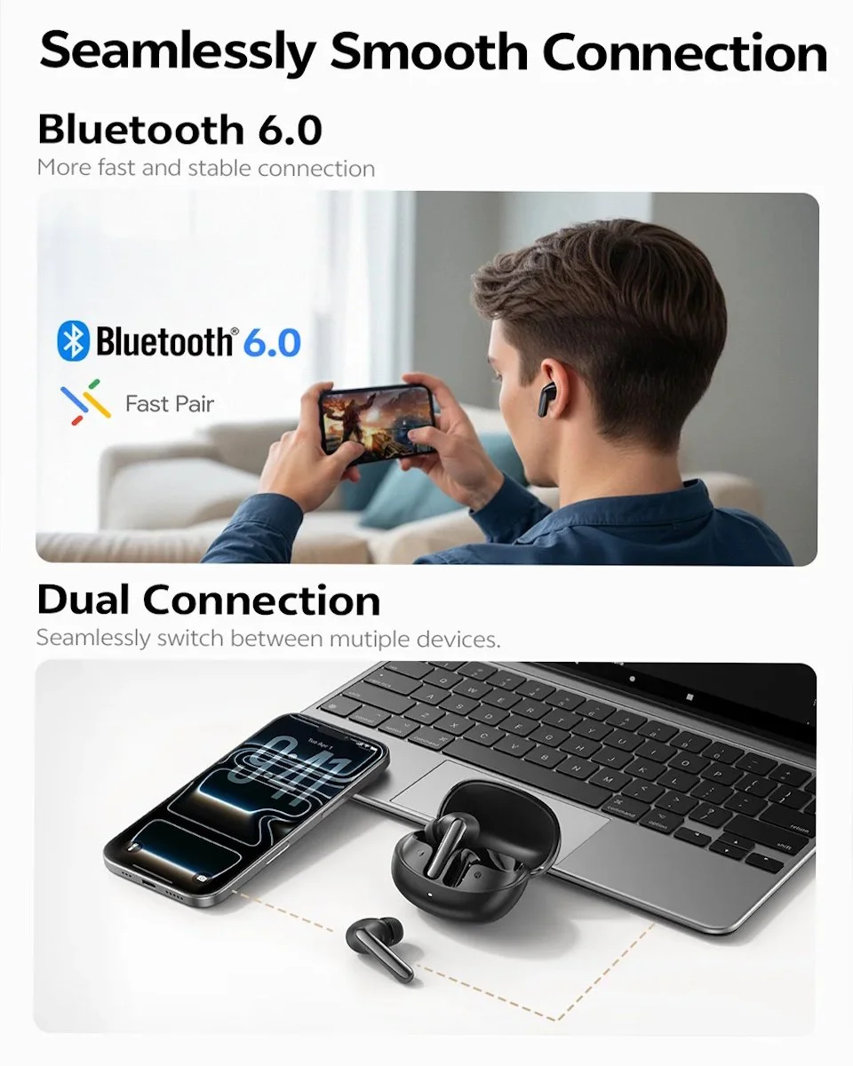 Наушники QCY MeloBuds N60 Hi-Res LDAC PureSilenz ANC AI BT6.0 Black, фото №13 Наушники QCY MeloBuds N60 Hi-Res LDAC PureSilenz ANC AI BT6.0 Black, фото №13