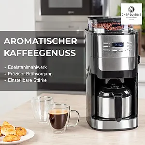 Капельная кофеварка CHEF CUISINE с кофемолкой и термосом 1050 Вт 12 чашек нержавеющая сталь черная synthetic.ua - Фото 1