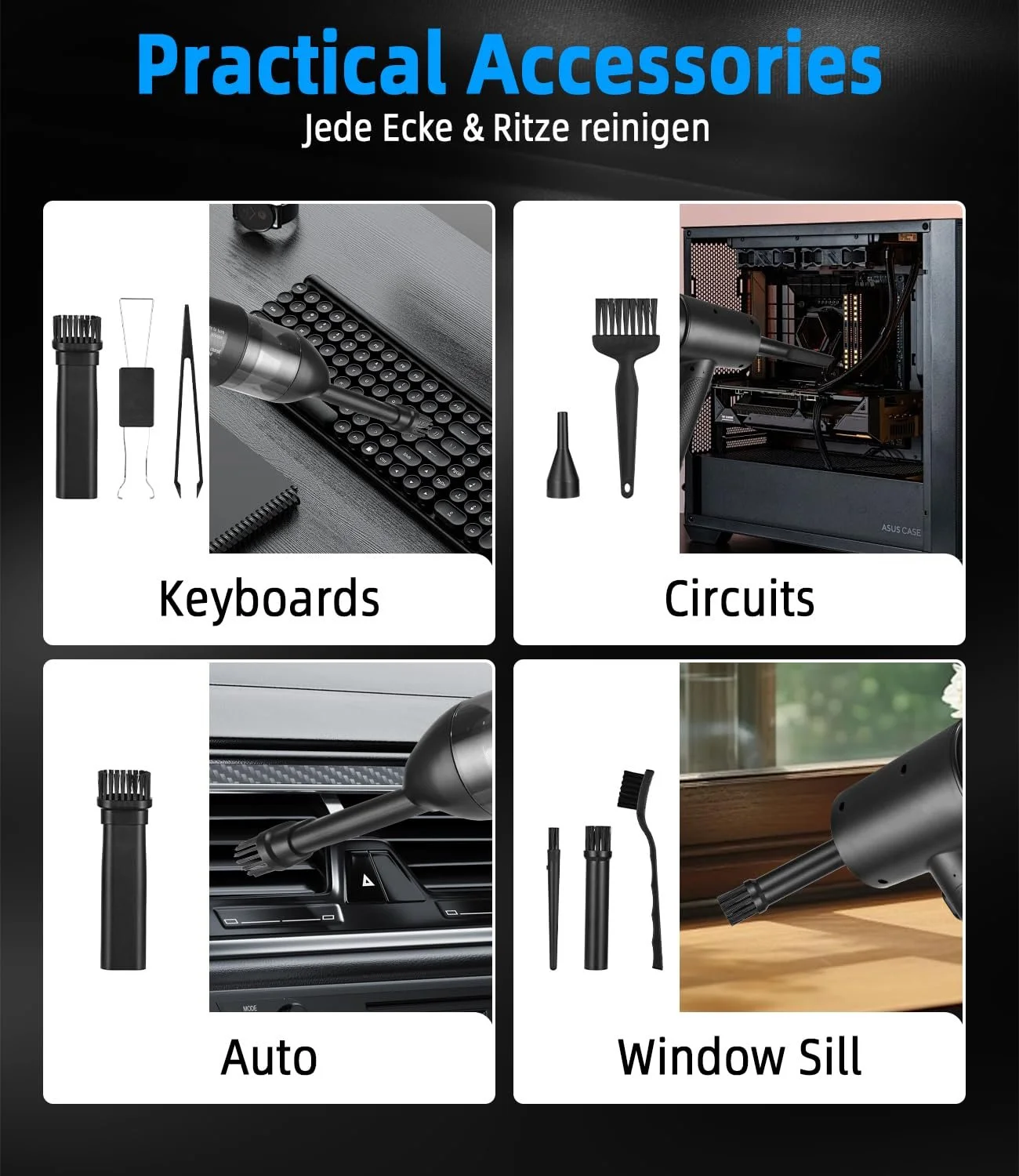 Акумуляторна повітродувка Yulado 7.2 KPA 3 швидкості з підсвіткою та аксесуарами, фото №7