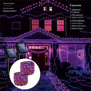 LED гирлянда уличная на солнечной батарее 24 м с 8 режимами мигания фиолетовые и красные synthetic.ua - Фото 1