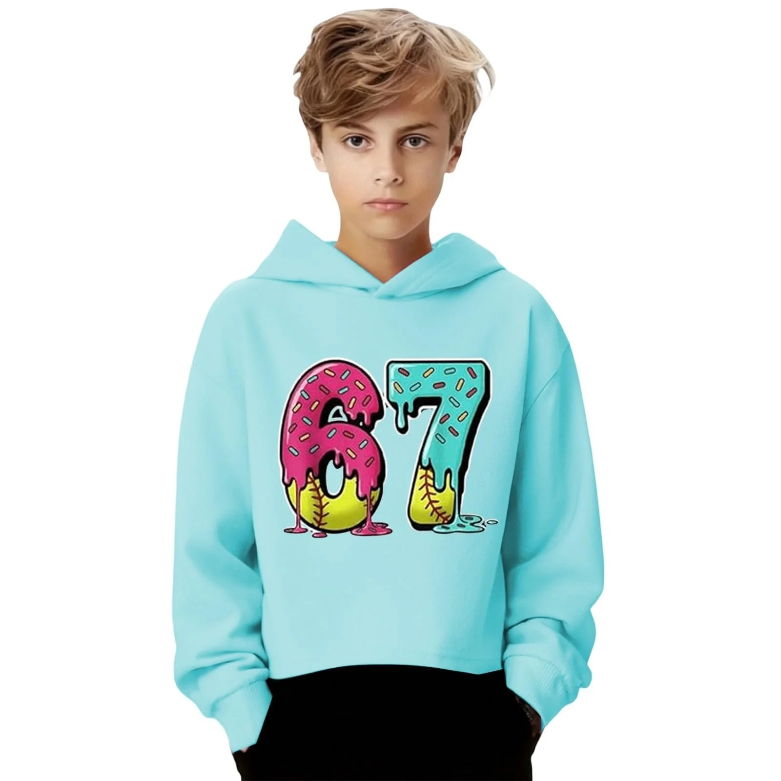 Худи Meme Six Seven 67 для девочек, с длинными рукавами и капюшоном, с принтом 67, повседневный свитшот свободного кроя для активного отдыха, уличная одежда для мальчиков и девочек, модная повседневная куртка, фото №4