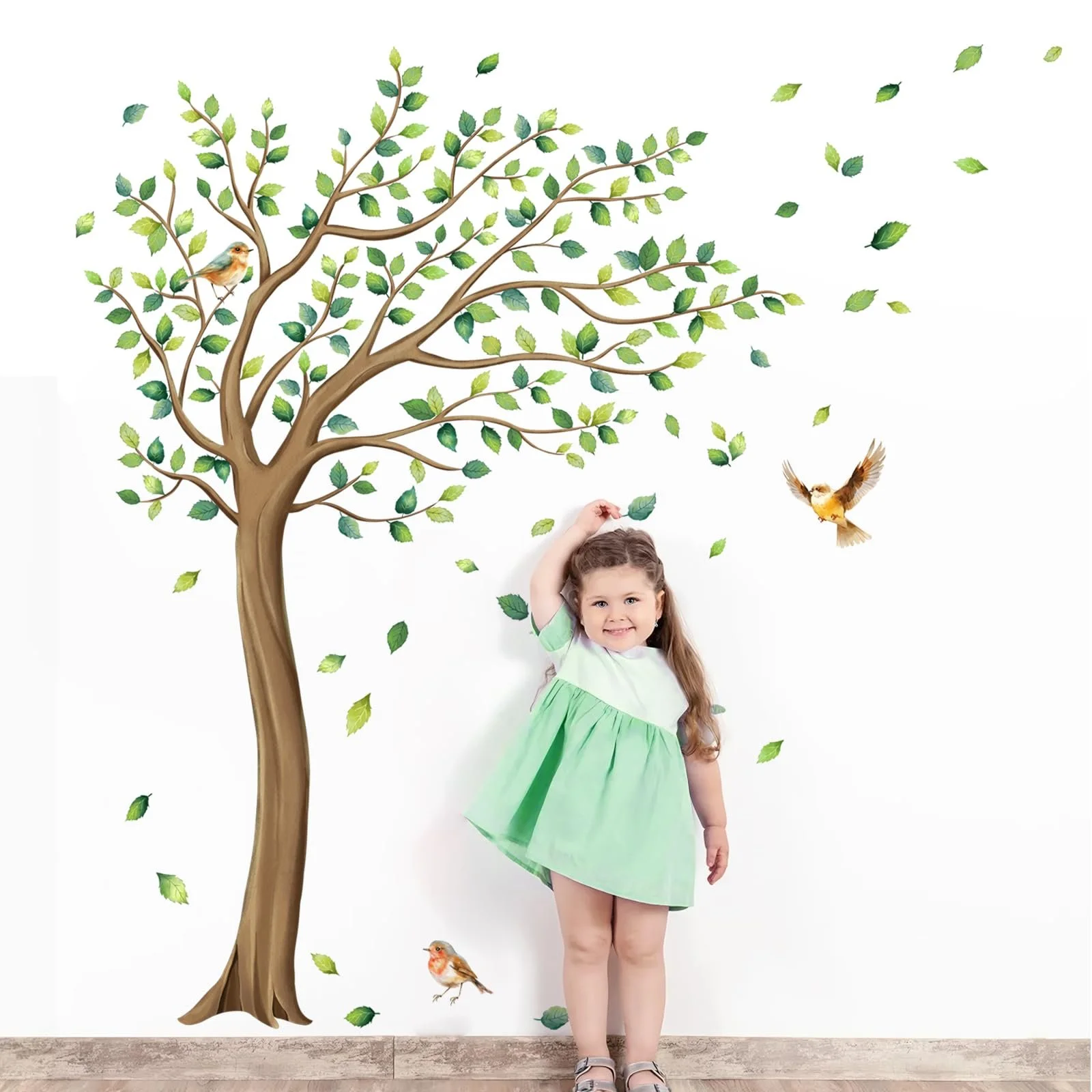 Наклейка на стіну Tanlaby Велике дерево Зелене листя Птахи, фото №6