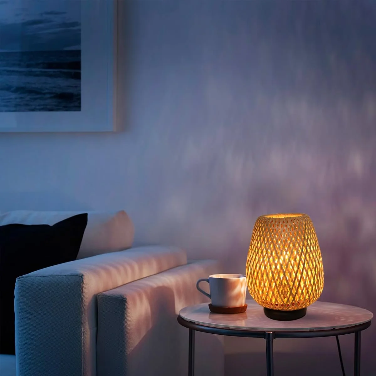 Настільна лампа Alpinaluz Nordic Rustic з абажуром із ротанга та бамбукового волокна чорна алюмінієва основа, фото №4