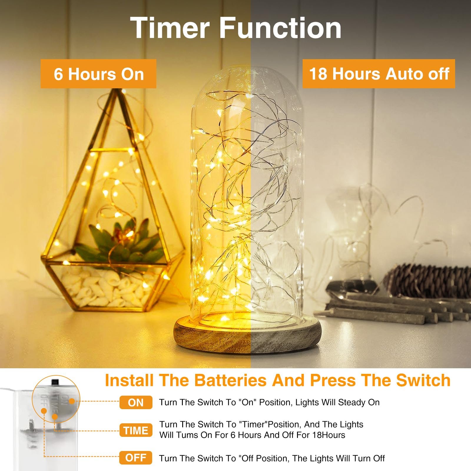 Гірлянда Btfarm Світлодіодна на батарейках з таймером 2 м 20 LED Micro Silver Wire Теплий Білий, 5 шт, фото №2