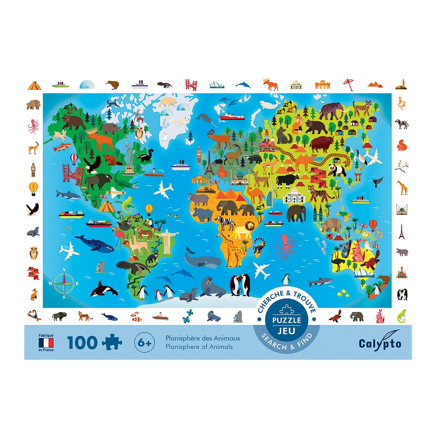 Пазл Calypto Animal World Map 3907501 100 XL елементів Soft Touch дитячий з оксамитовою поверхнею та грою-пошуком, фото №4
