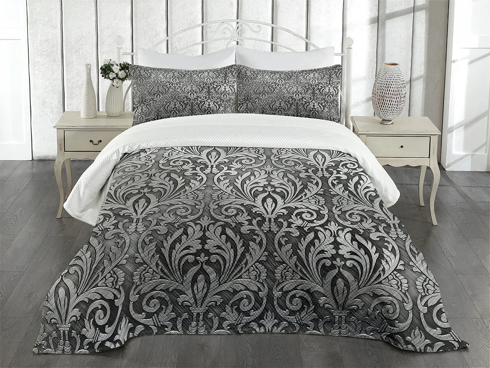 Покривало ABAKUHAUS Damask Classic Floral Embellishment з наволочками, двоспальне, 220 x 220 см, чорно-сіре, фото №2