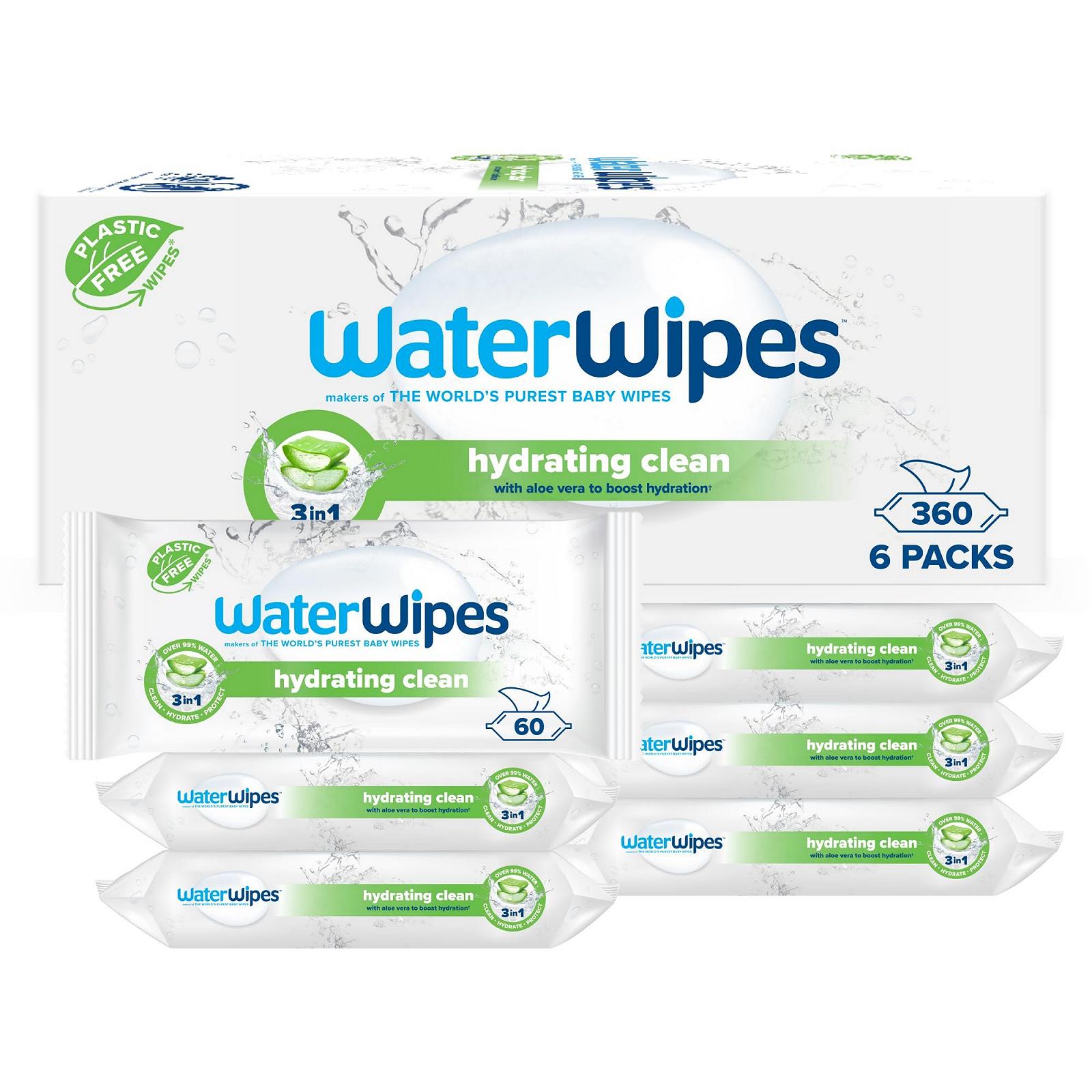 Влажные Салфетки WaterWipes Увлажняющие, 360 штук (6 упаковок), с 99% Воды и Экстрактом Алоэ Вера, для Лица и Тела, фото №1