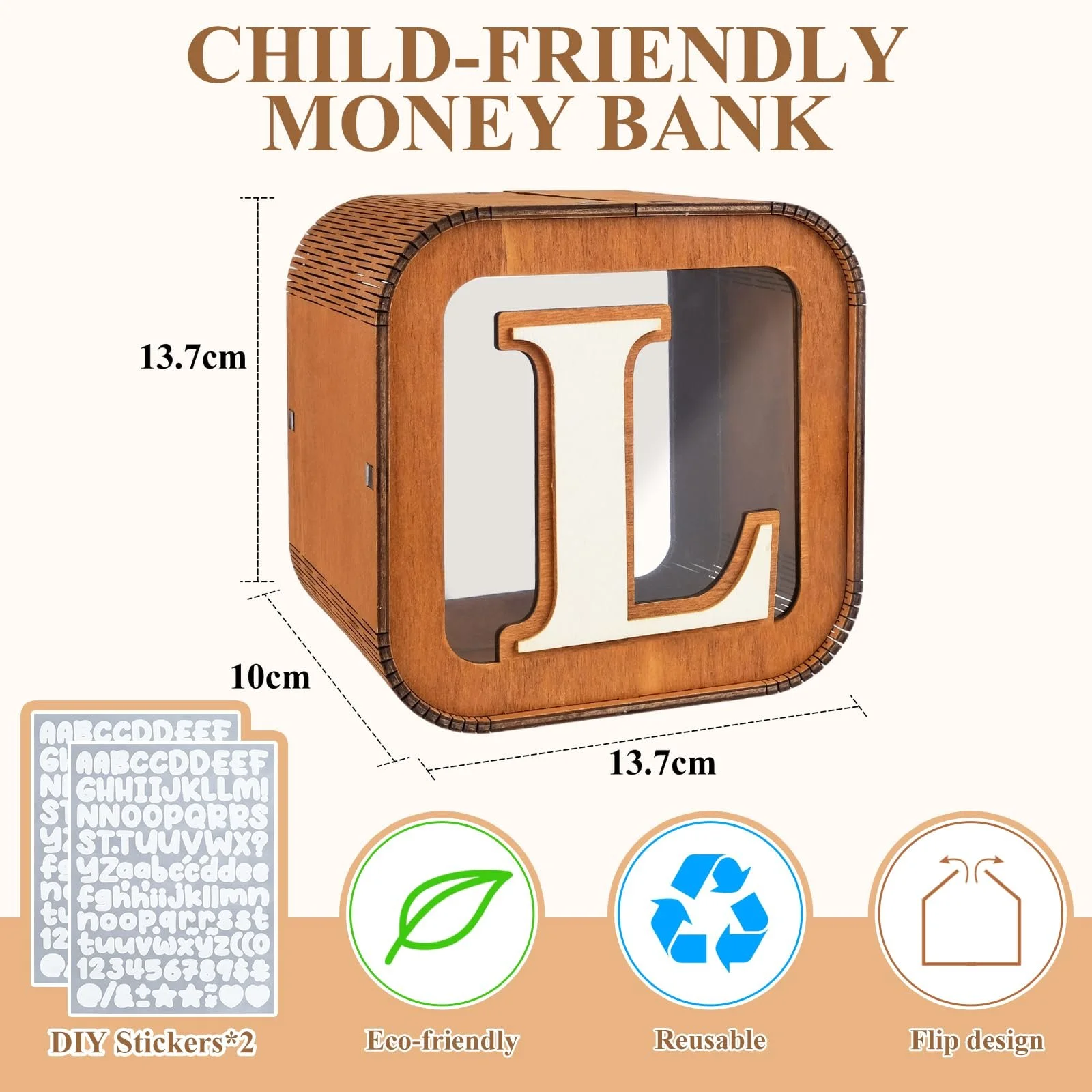 Скарбничка дитяча персоналізована Алфавіт A-Z дерев'яна креативна велика (L), фото №2