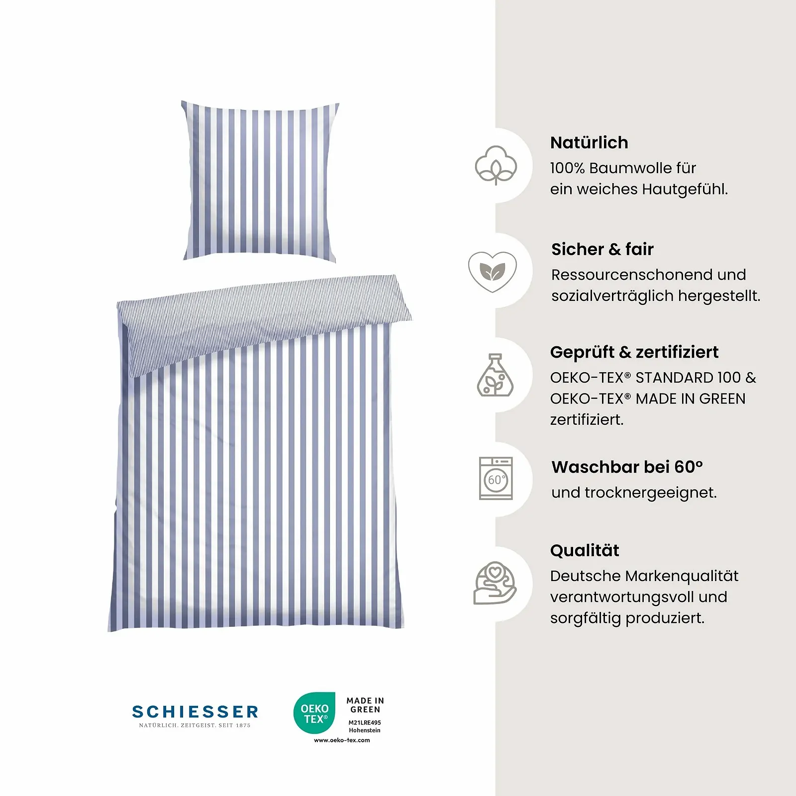 Комплект постільної білизни Schiesser Marie 2 предмети у смужку Renforcé 100% бавовна 155 x 220 см + 80 x 80 см на блискавці світло-блакитний, фото №2