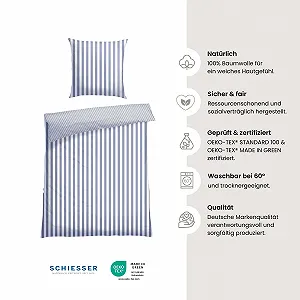 Комплект постільної білизни Schiesser Marie 2 предмети у смужку Renforcé 100% бавовна 155 x 220 см + 80 x 80 см на блискавці світло-блакитний synthetic.ua - Фото 1