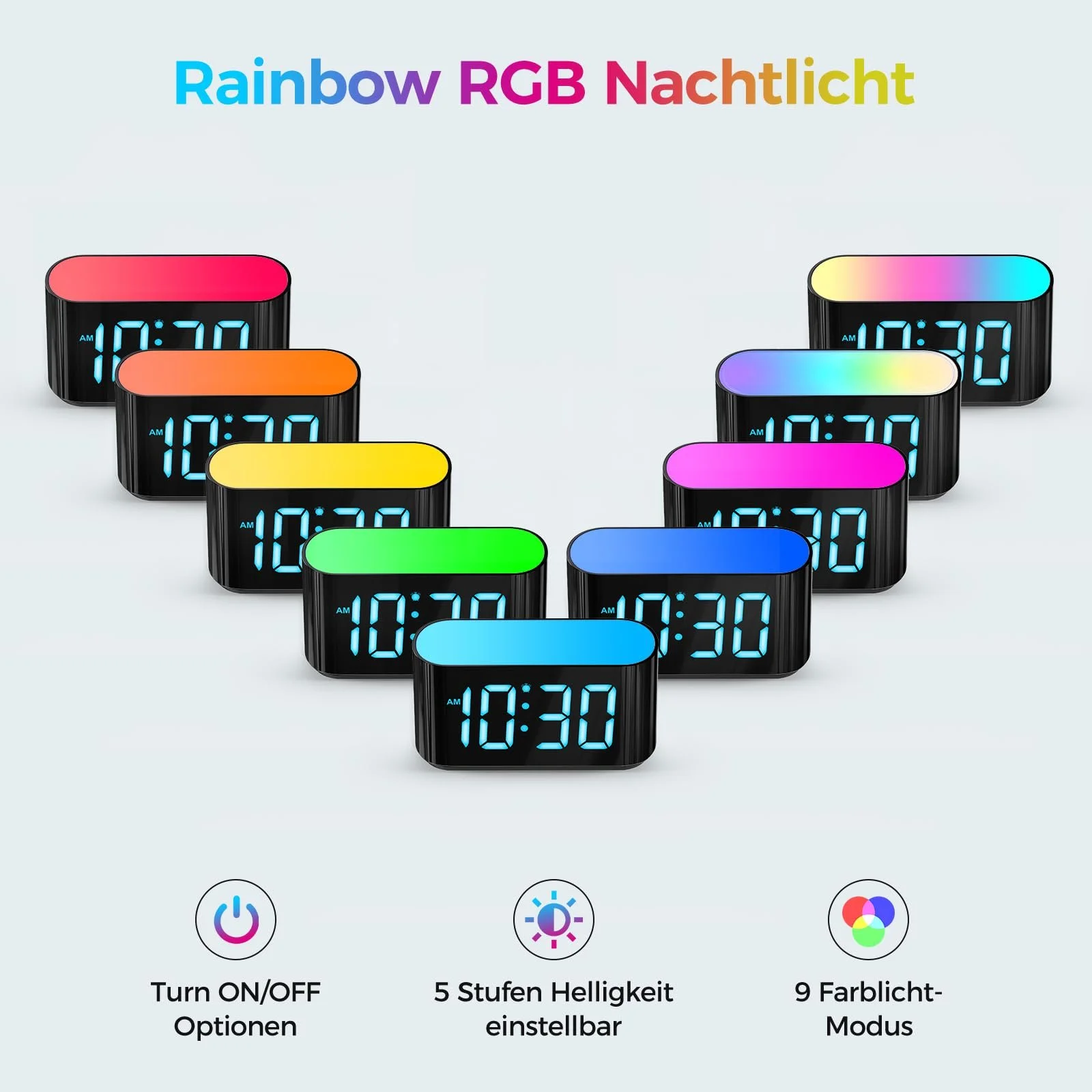 Дитячий Будильник DOUMOSH з Нічником RGB, Регулятор Яскравості 0-100%, Кольоровий Дисплей, фото №6