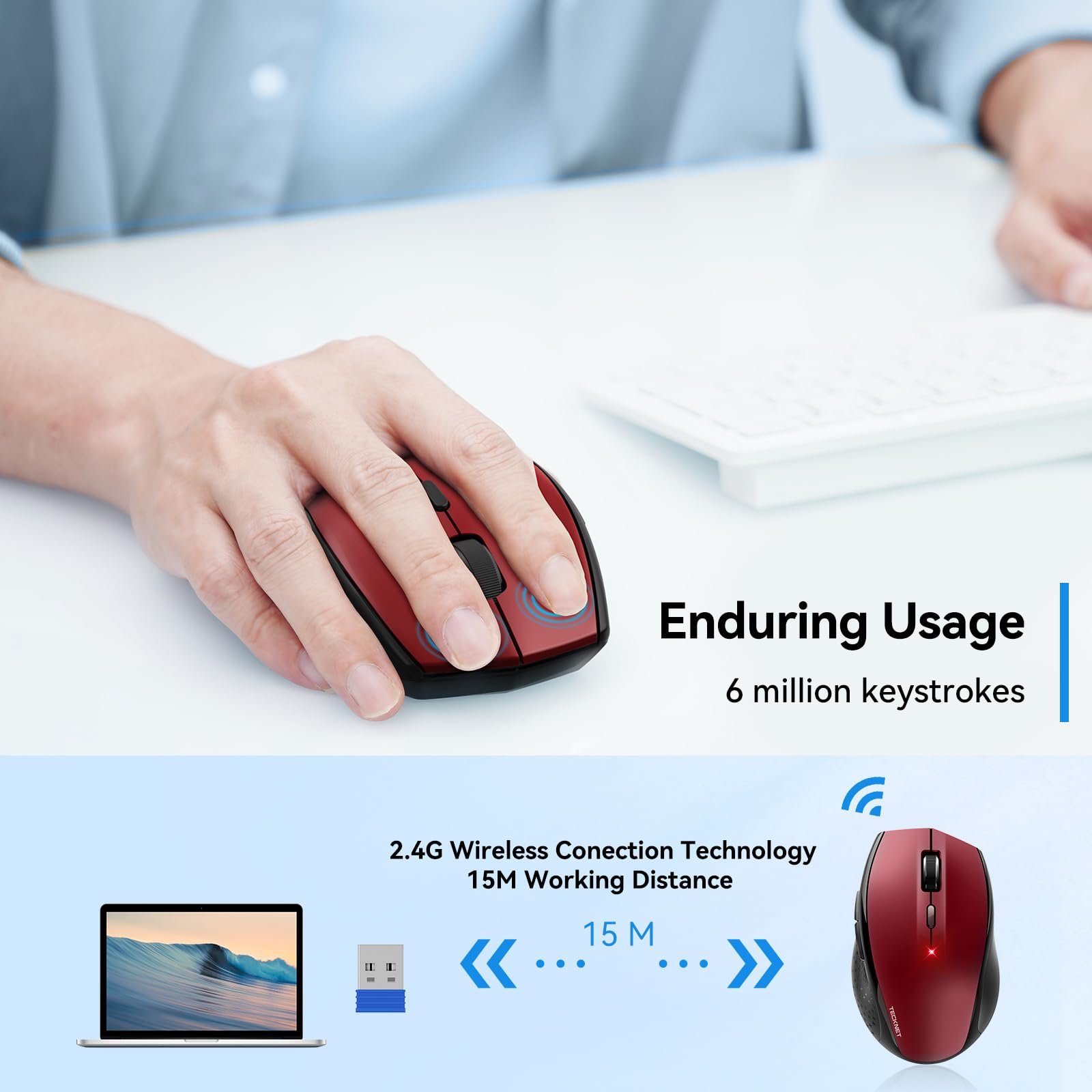 Мышь TECKNET Беспроводная 4800DPI 2.4GHz Бесшумная с Нано-приемником, Боковым управлением, 6 Регулируемыми уровнями DPI, Шестью кнопками Черная, фото №4