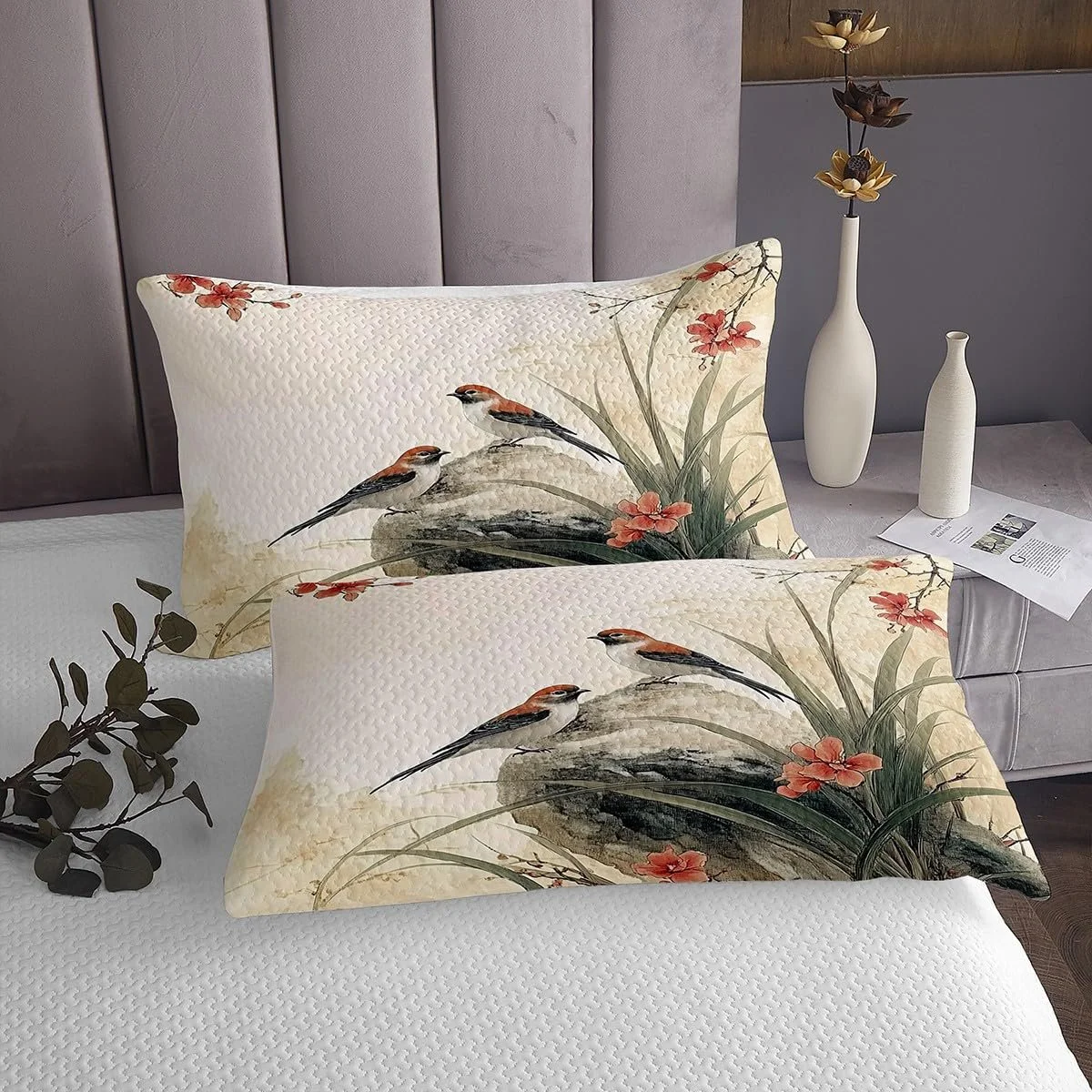 Одеяло в китайском стиле L Размер, Птицы Красные Цветы Зеленые Листья Набор одеяла с 2 наволочками, Китайская Традиционная Живопись Чернилами Микрофибра Покрывало Набор для Детей Взрослых, Дышащая, фото №4 Одеяло в китайском стиле L Размер, Птицы Красные Цветы Зеленые Листья Набор одеяла с 2 наволочками, Китайская Традиционная Живопись Чернилами Микрофибра Покрывало Набор для Детей Взрослых, Дышащая, фото №4