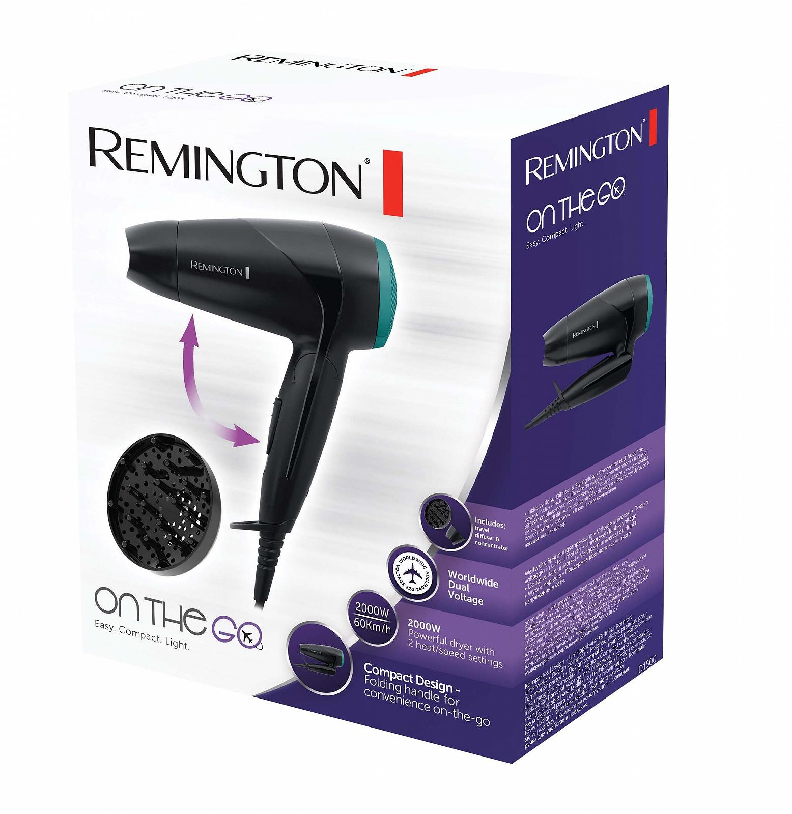 Фен Remington On The Go D1500 2000 Вт, регулировка напряжения, складной, насадка, диффузор, черный, фото №9
