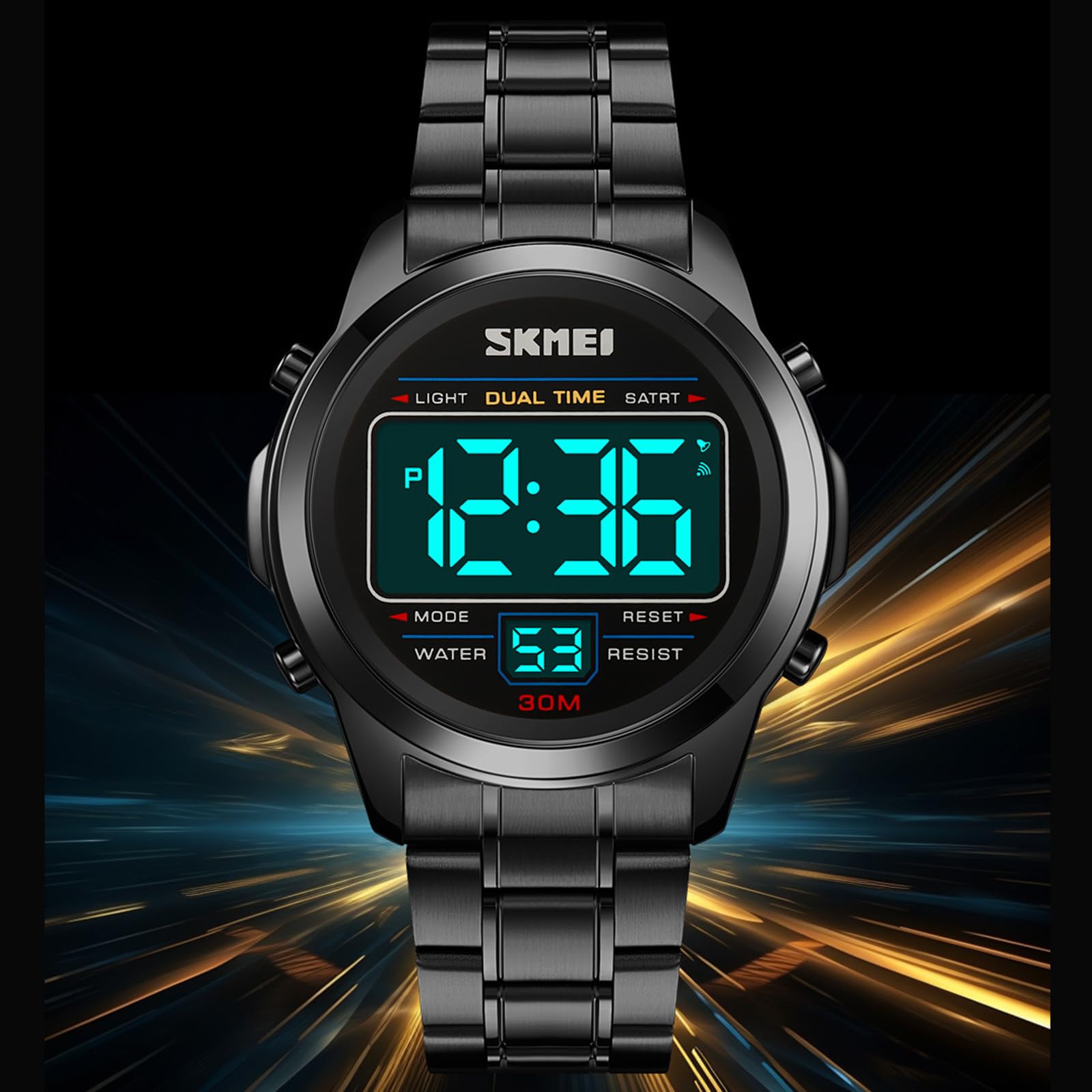 Цифровые часы Luxury Sporty Мужские Часы Military Stainless Steel LED Alarm Clock Digital Мужские Часы Водонепроницаемые с Секундомером Дата Двойное Время 12/24H Многофункциональные Черный Браслет, фото №4