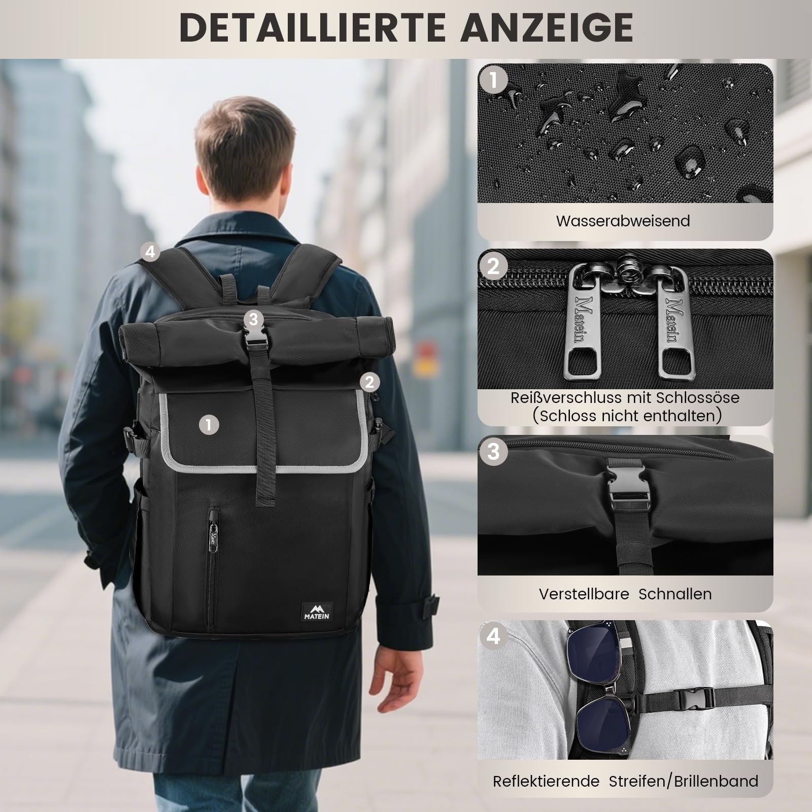 Рюкзак для ноутбука MATEIN Rolltop Чоловічий Водонепроникний 36 л 17.3 дюйма з USB та RFID Чорний, фото №8 Рюкзак для ноутбука MATEIN Rolltop Чоловічий Водонепроникний 36 л 17.3 дюйма з USB та RFID Чорний, фото №8