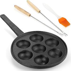 Сковорода-гриль WUWEOT для Aebleskiver чавунна 5 см для Poffertjes, 7 отворів, для данських млинців, півсферична форма для Takoyaki з поворотними стержнями - Фото 1