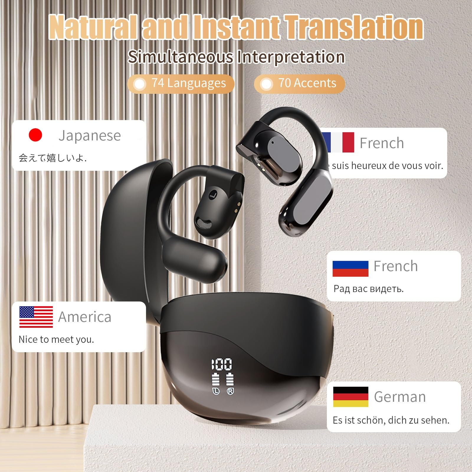 Навушники для перекладу голосу в реальному часі AI Live Translator, підтримка 74 мов з AI асистентом для подорожей, навчання, бізнес-школи Чорний, фото №2