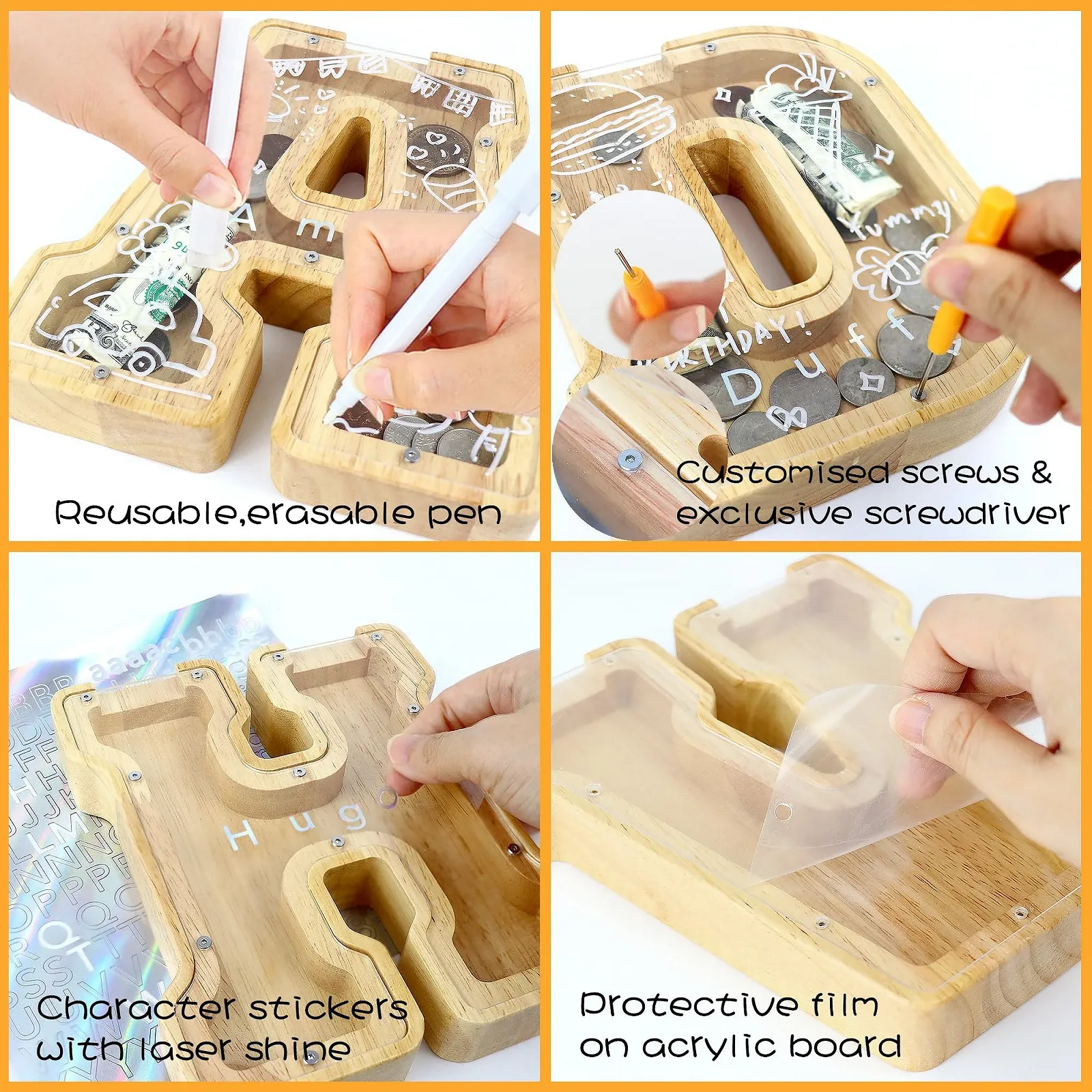 Копилка Lakpopya E деревянная прозрачная в форме буквы с маркером и наклейками 18 см, фото №3