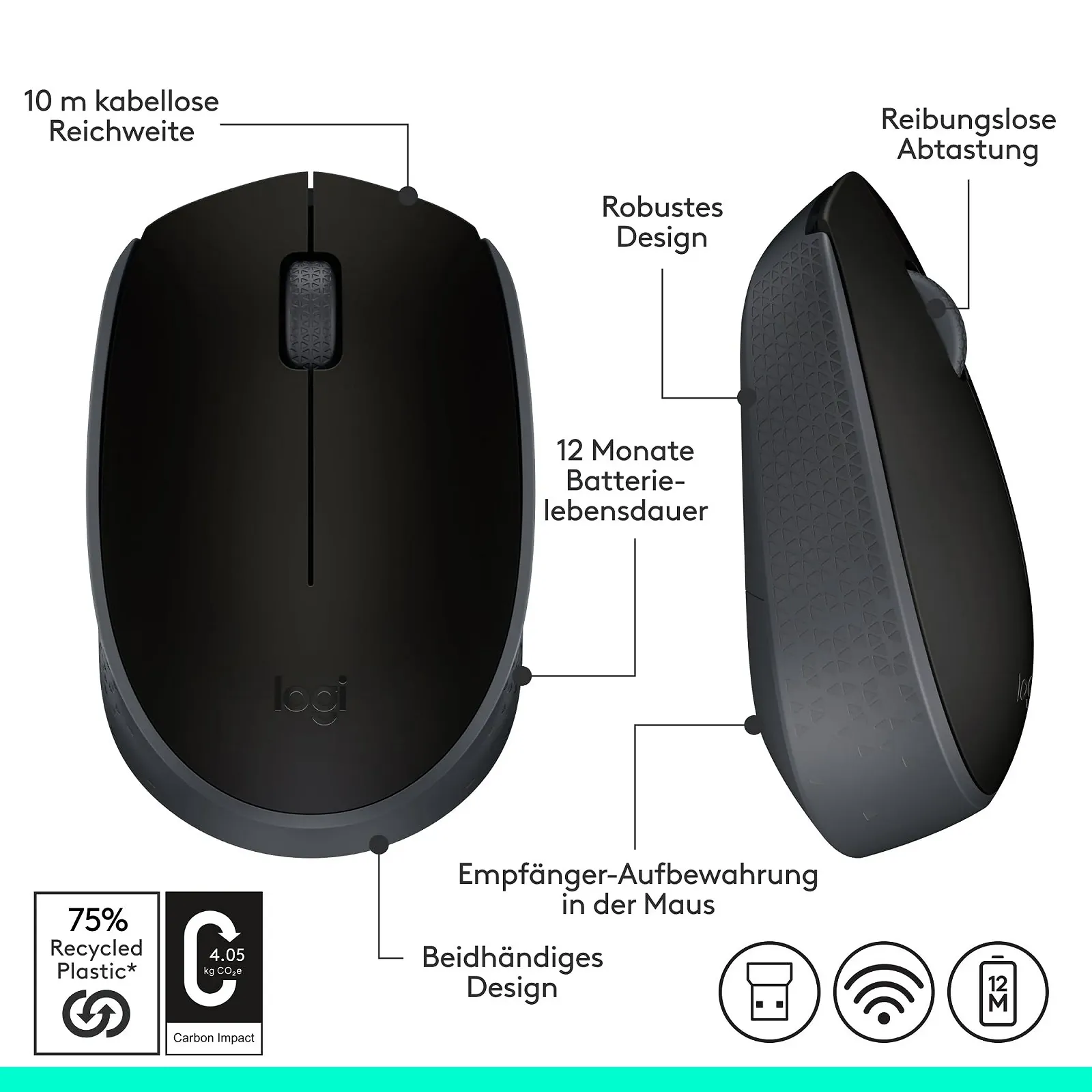 Миша Бездротова Logitech M170, 2.4 GHz, оптичний сенсор, 3 кнопки, для лівої та правої руки, чорна, фото №8