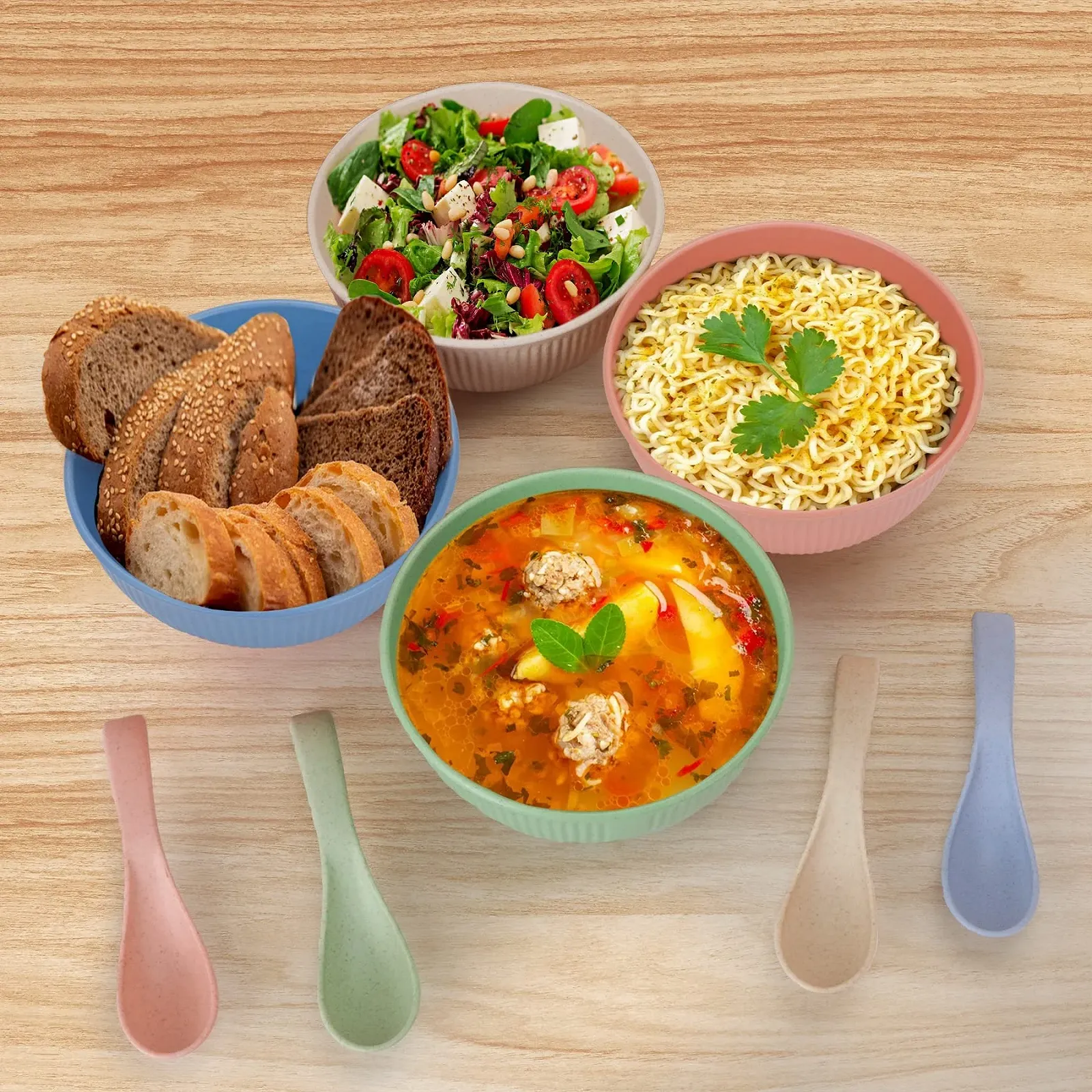 Миска CSYY 750 мл, набор 4 шт, пластиковая, небьющаяся посуда, с ложкой, фото №4