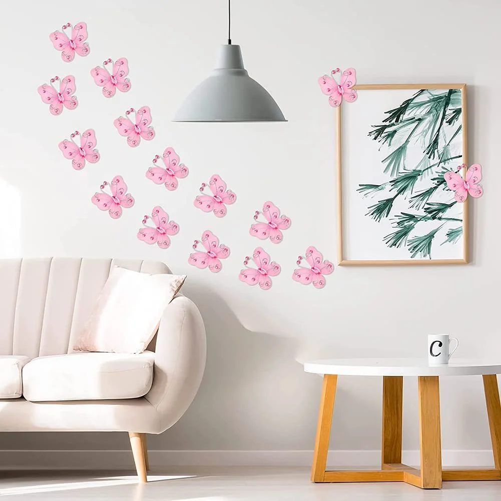 Декоративні наклейки Butterflies Набір 24 шт. Штучні Сітчасті Блискучі Рожеві, фото №4