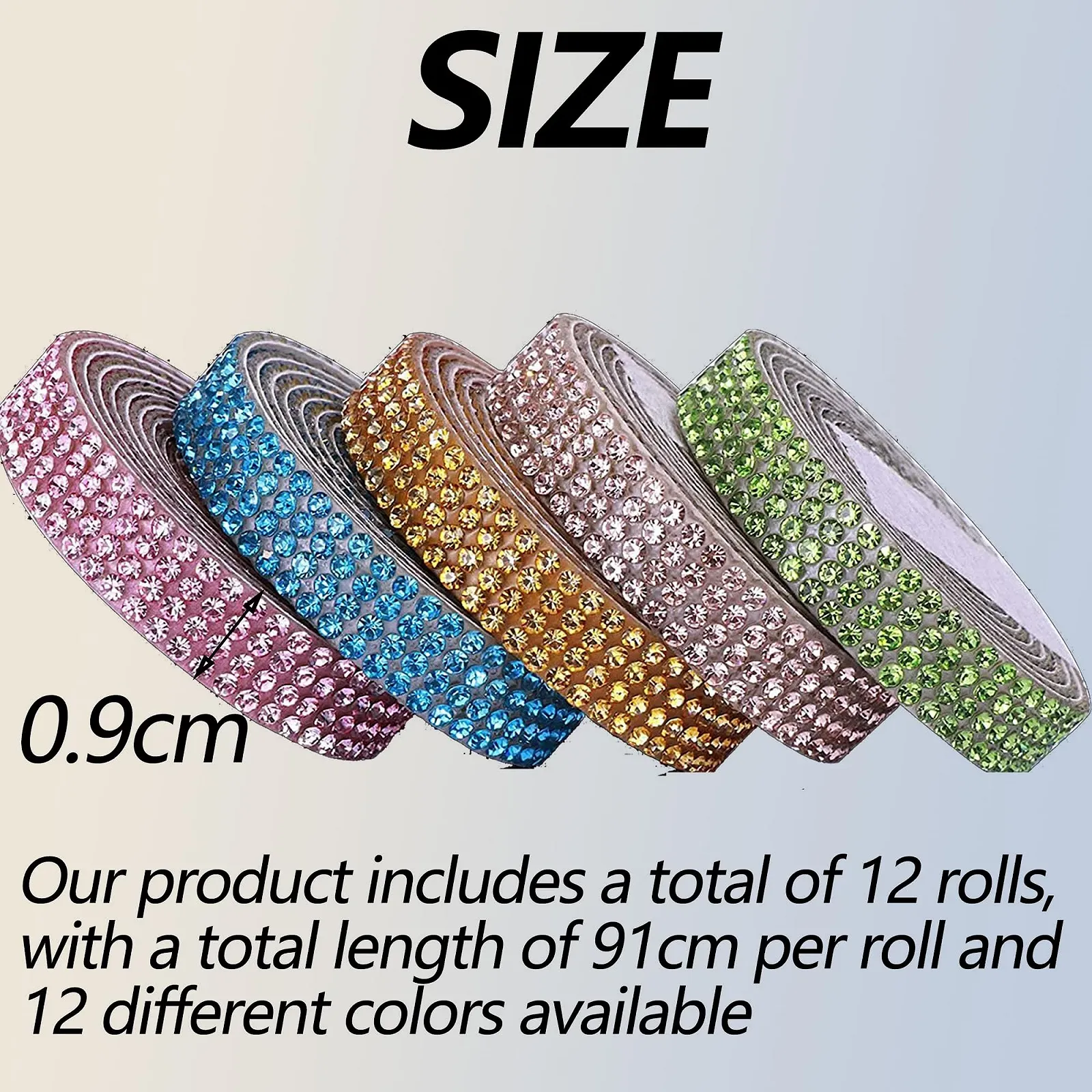 Самоклеюча стрічка зі стразами Кристал Діамант 9 мм, 12 рулонів, різні кольори, фото №6