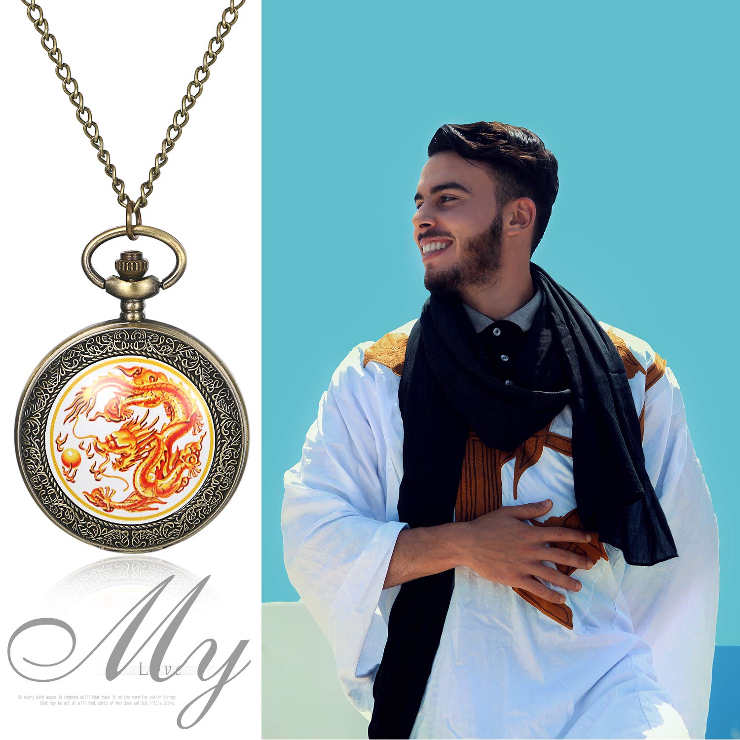 Часы JewelryWe Мужские Карманные Подарок на День Отца Ретро Королевский Флеш / Компас / Цветы / Колокол / Мотоцикл Цепные Аналоговые Кварцевые Часы Подвеска с Цепочкой Бронзовые, фото №7