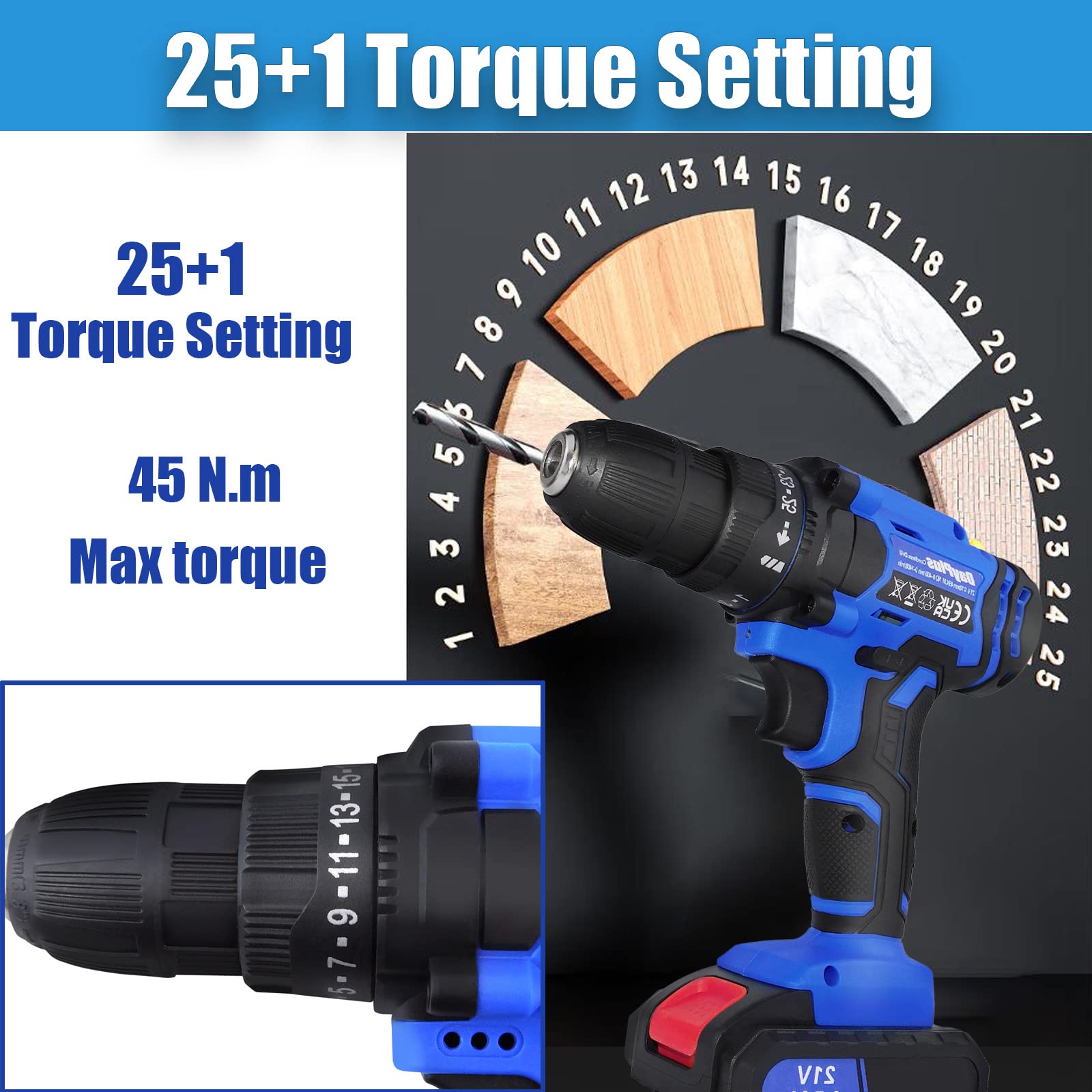 Аккумуляторная дрель 1500 мА·ч 3/8 дюйма Бесключевой патрон 2 скорости Макс 1400 об/мин 25+1 Нм Портативная отвертка с 26 сверлами и кейсом, фото №4