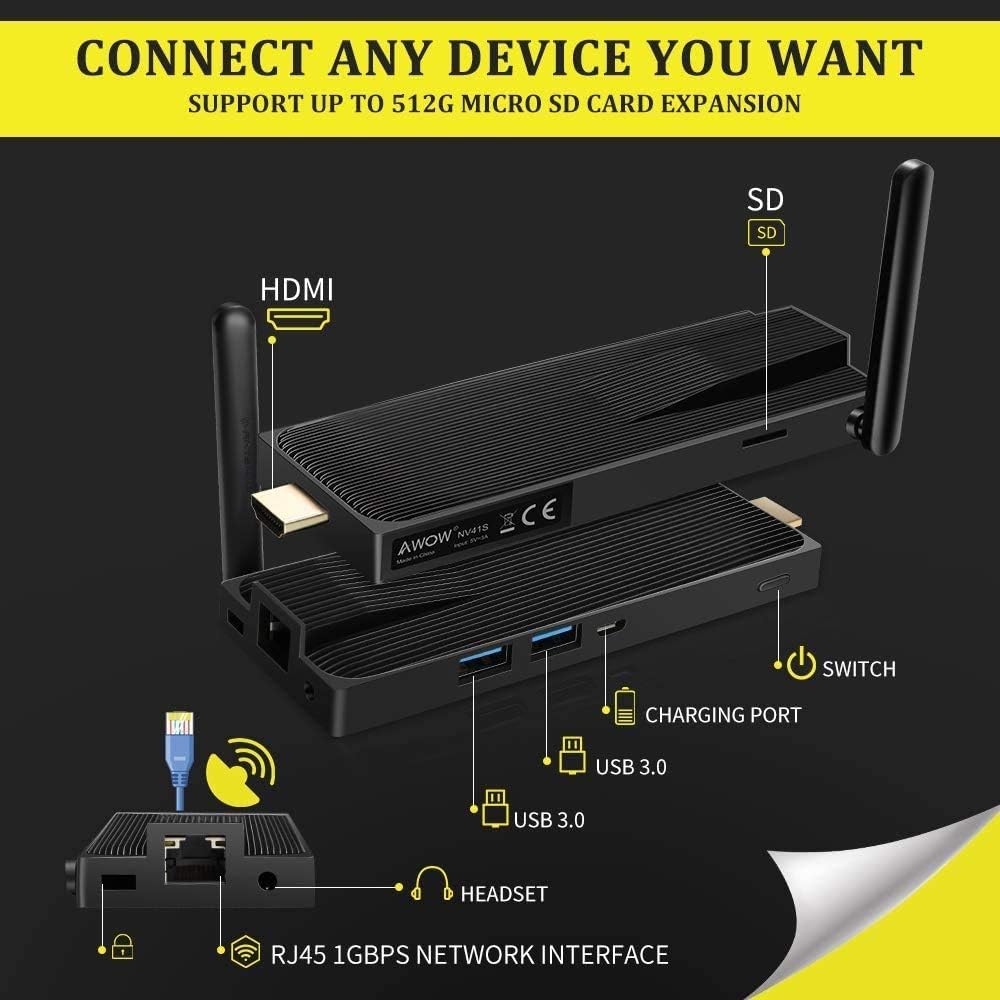 Мини-компьютер AWOW PC Stick Celeron J4105 Windows 10 Pro 4GB DDR4 64GB 4k@30Hz Gigabit Ethernet HDMI BlueTooth4.2, фото №4