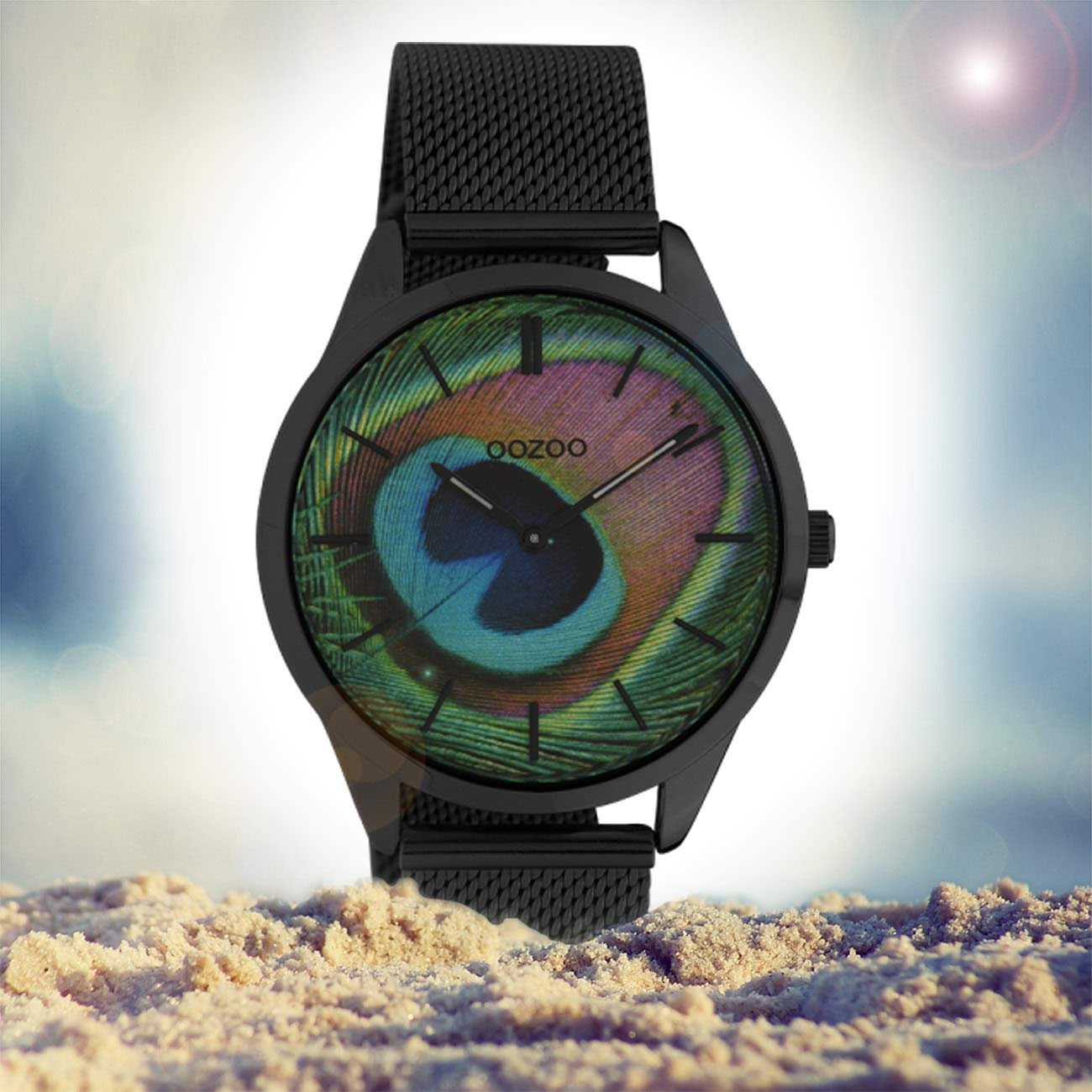 Жіночий годинник Oozoo Vintage Ремінець міланського плетіння з нержавіючої сталі Павич Чорний 43 мм Чорний C10253, фото №4
