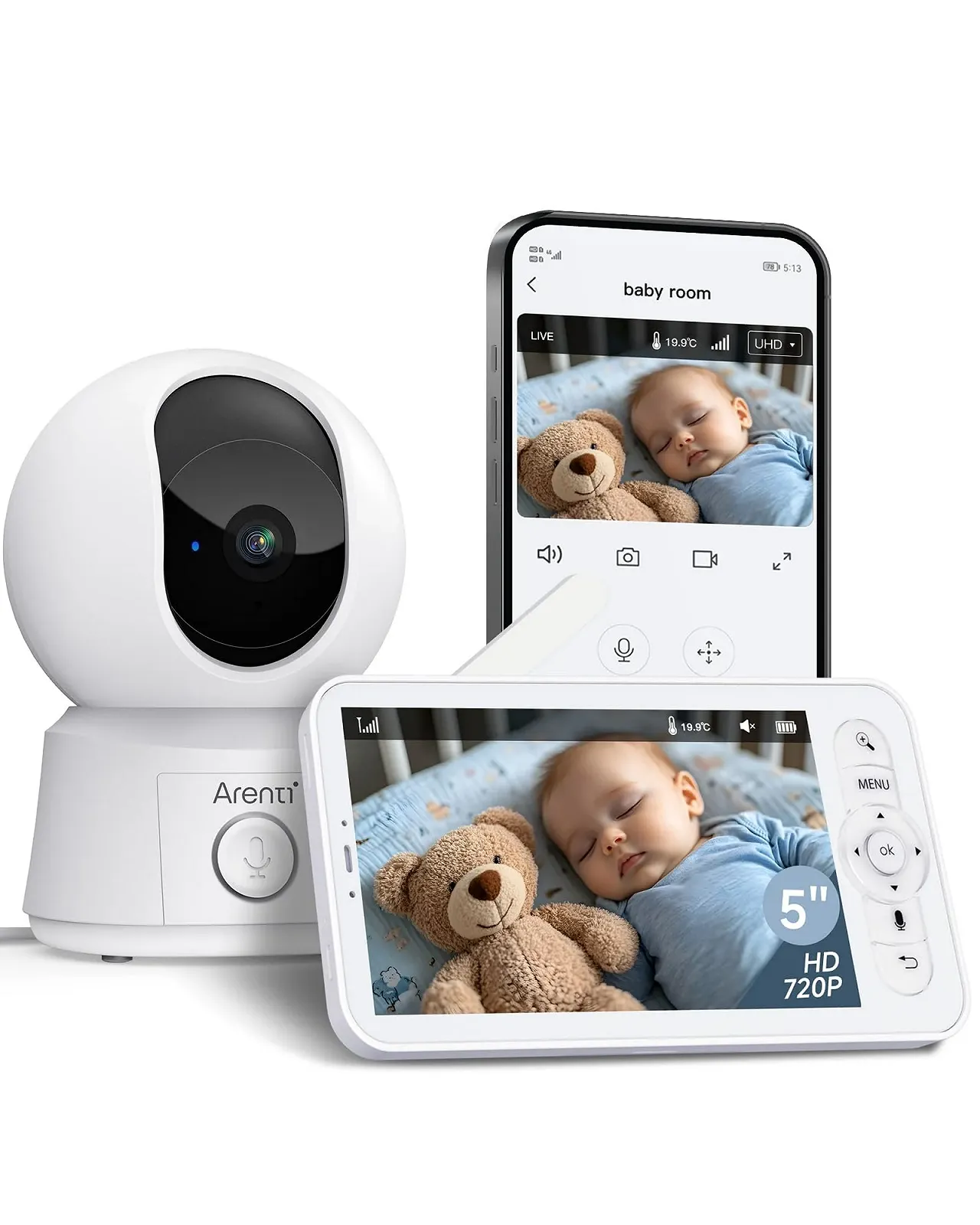 Відеоняня ARENTI B2Kit 5" 1080P PTZ WiFi Двосторонній аудіозв'язок Датчик температури VOX Нічне бачення, фото №1